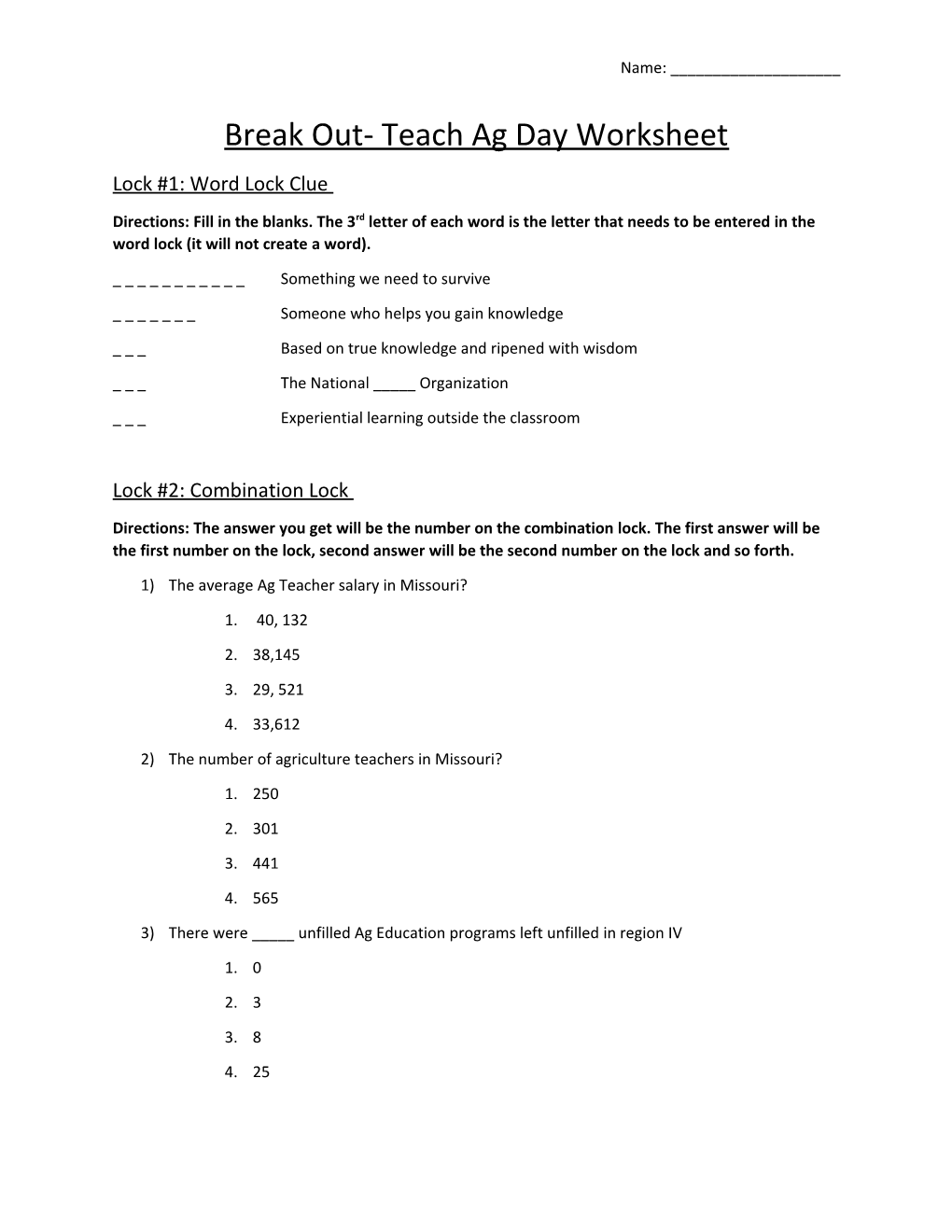 Break Out- Teach Ag Day Worksheet