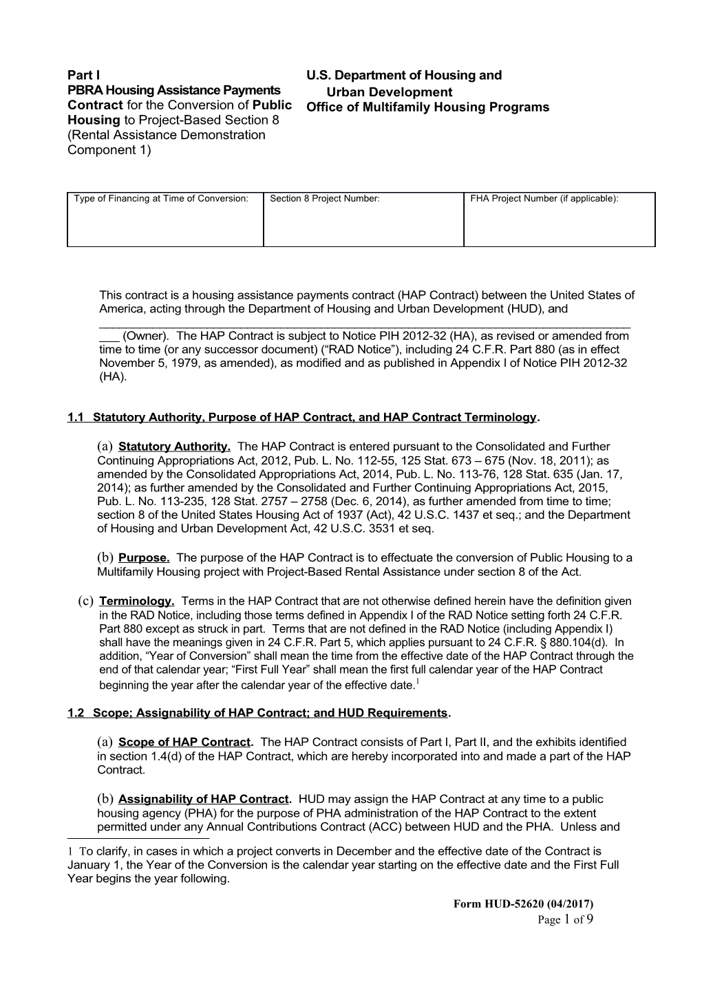 Part I PBRA Housing Assistance Payments Contract for the Conversion of Public Housing To