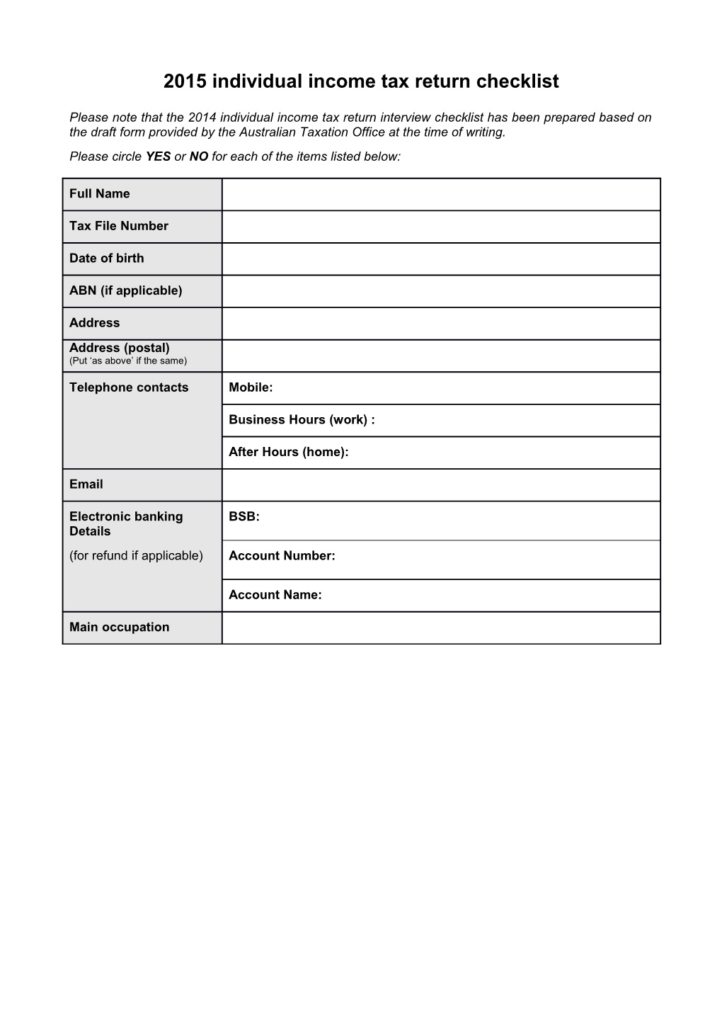 2015 Individual Income Tax Return Checklist