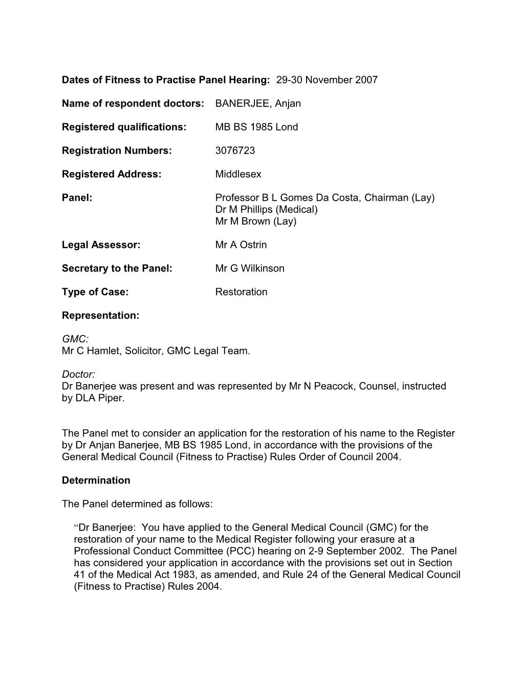 Dates of Fitness to Practise Panel Hearing: 29-30 November 2004