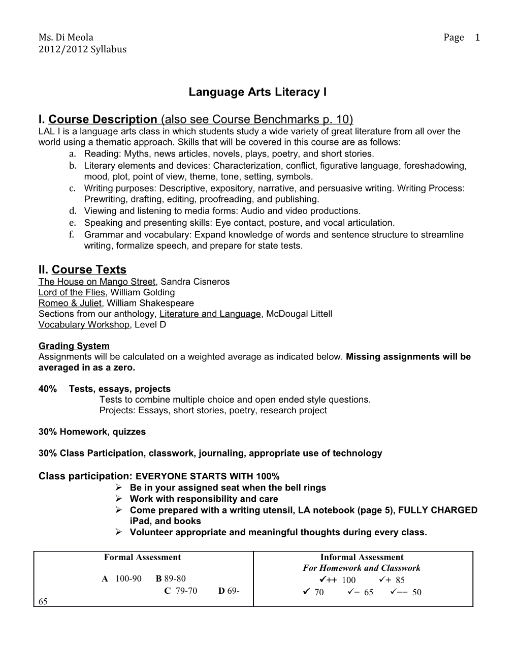 Language Arts Literacy I