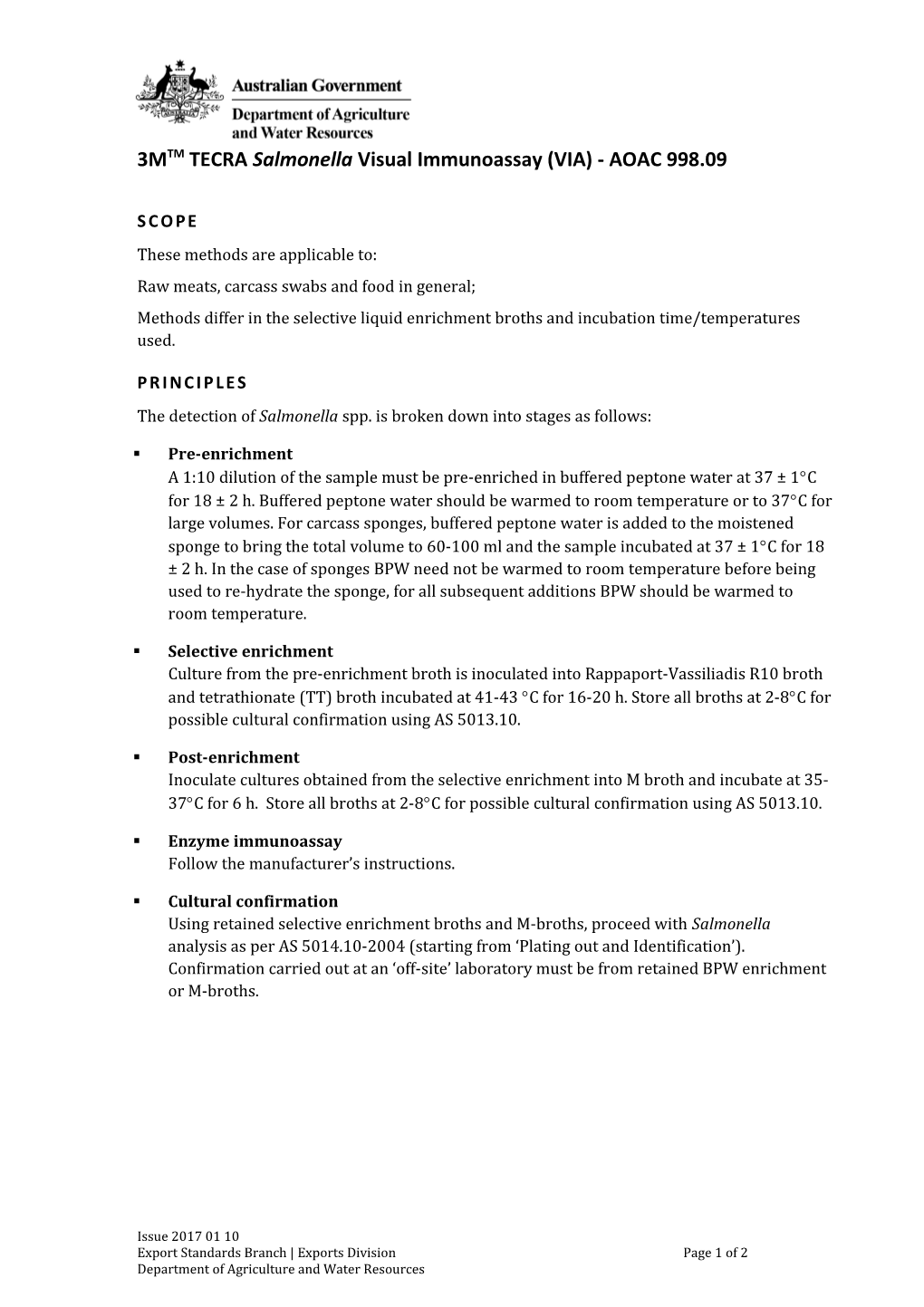 3MTM TECRA Salmonella Visual Immunoassay (VIA) - AOAC 998.09