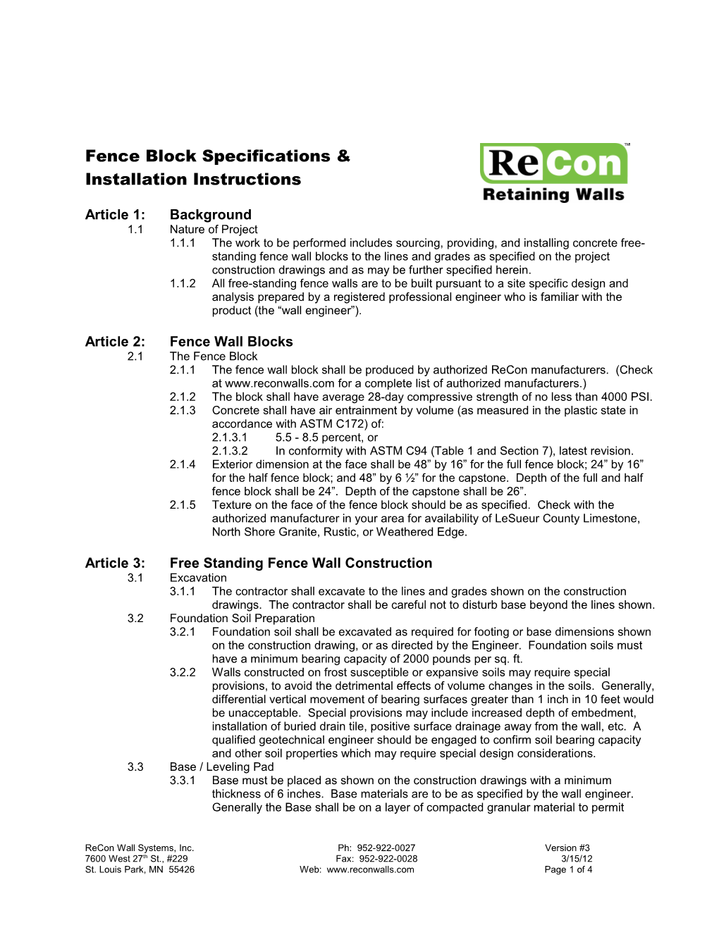 Fence Block Specifications & Installation Instructions