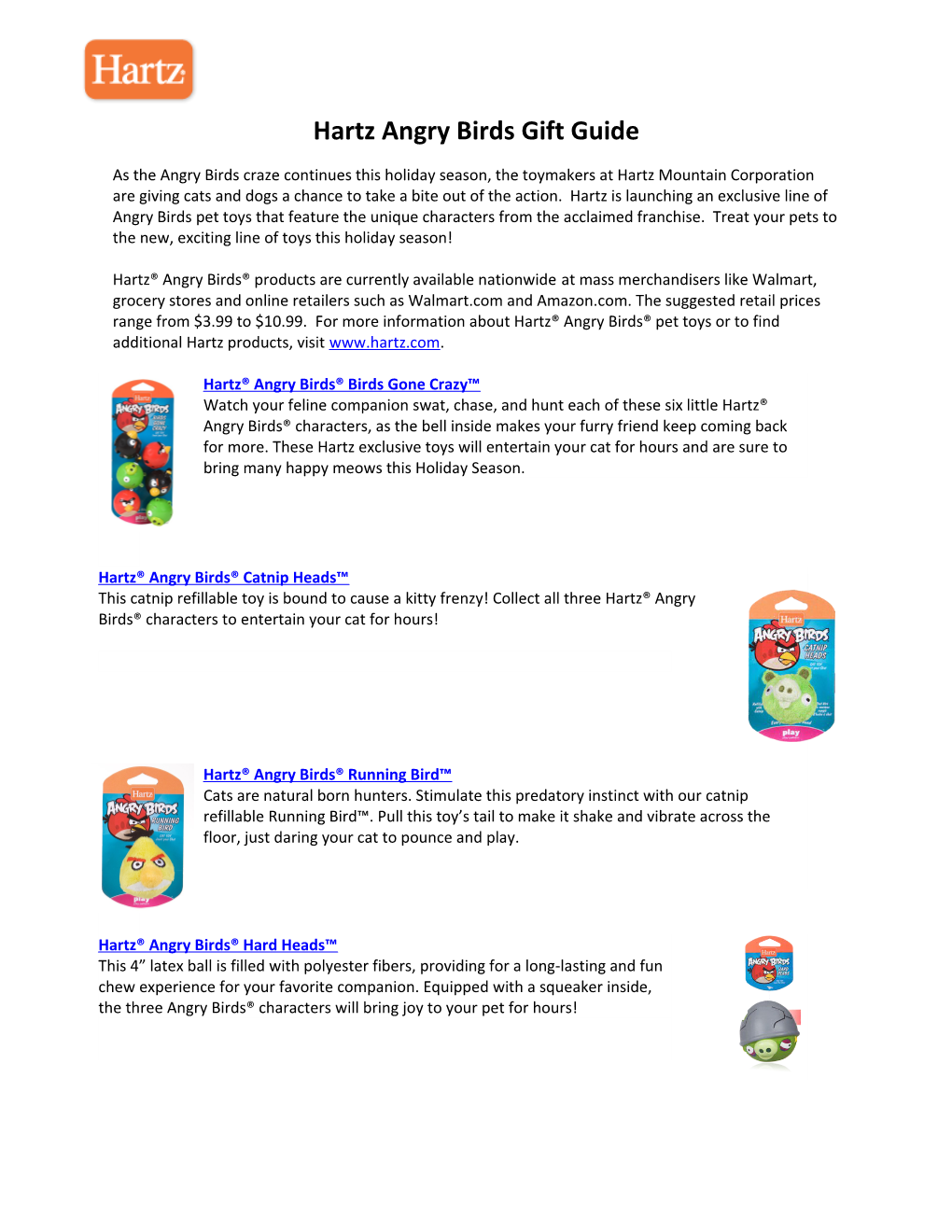 2011 Hartz Angry Birds Holiday Fact Sheet
