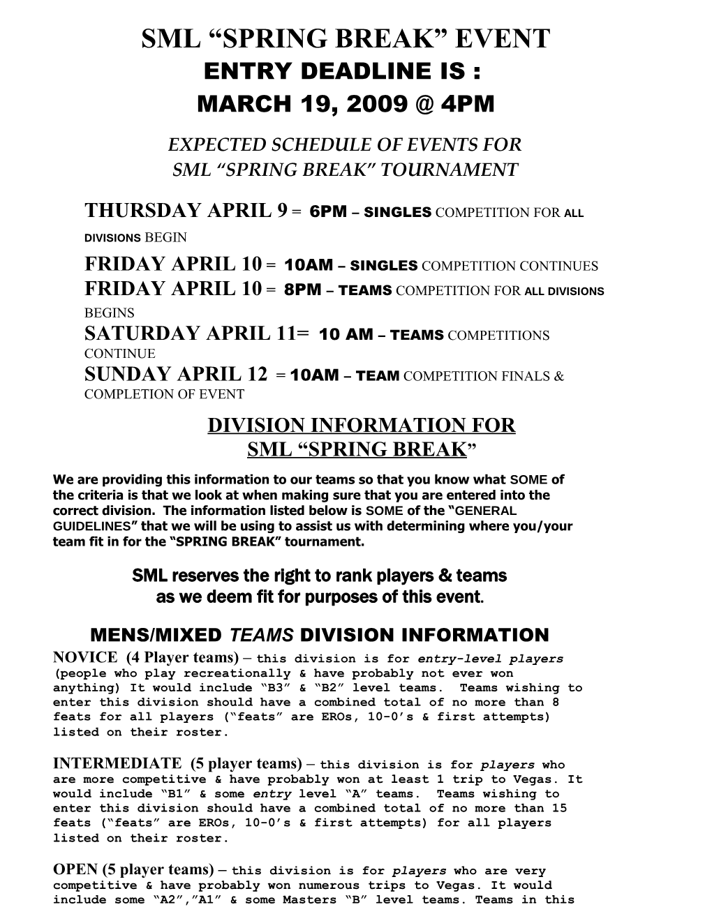 Division Information for Sml Spring Break