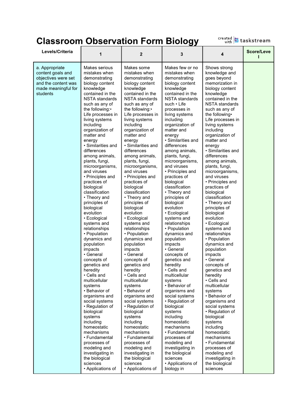 Classroom Observation Form Biology