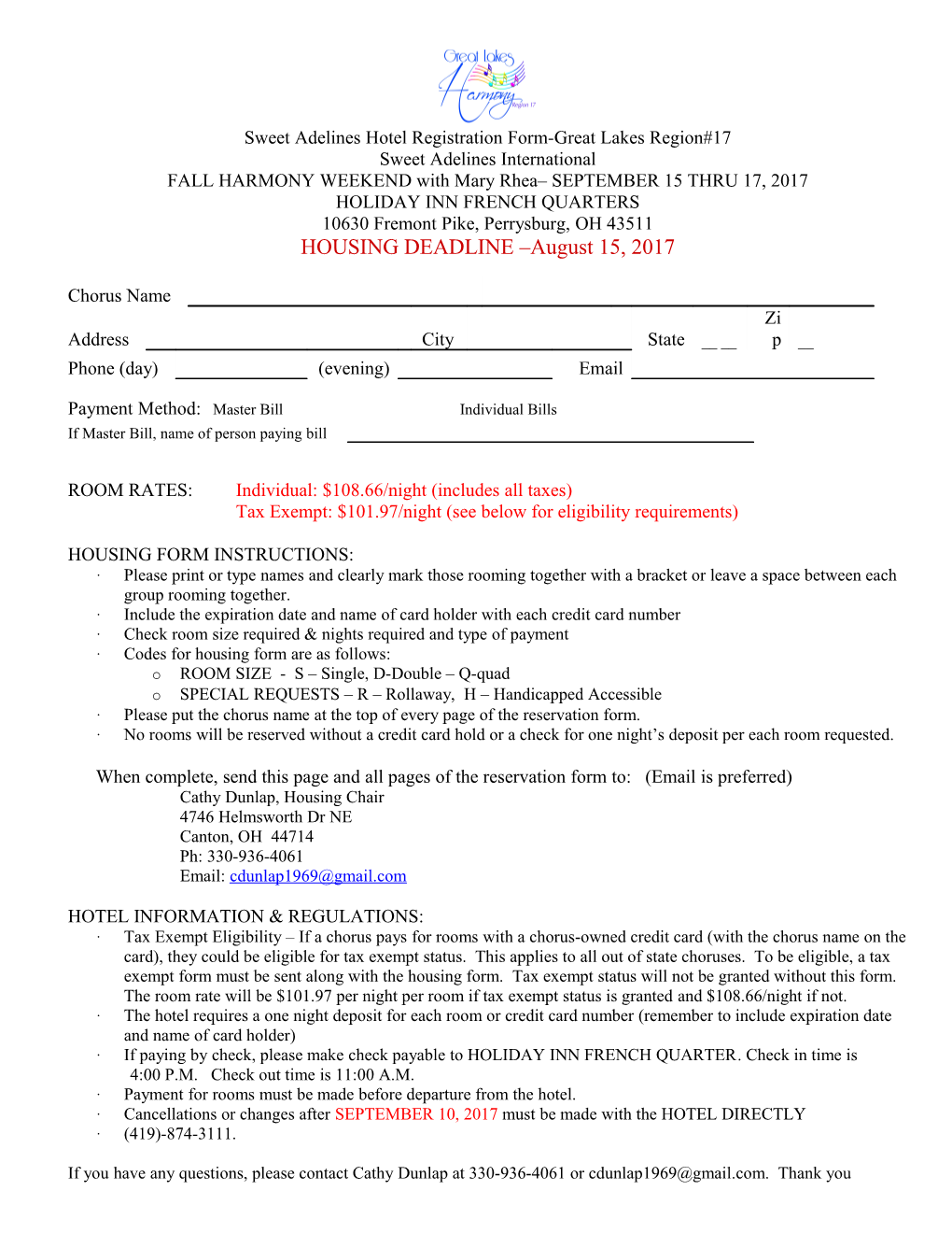 Sweet Adelines Hotel Registration Form-Lake Erie Region#17