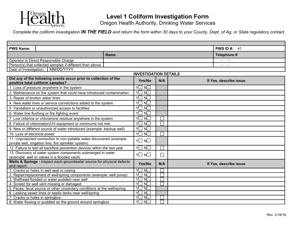 L1 Coliform Investigation Form MS Word