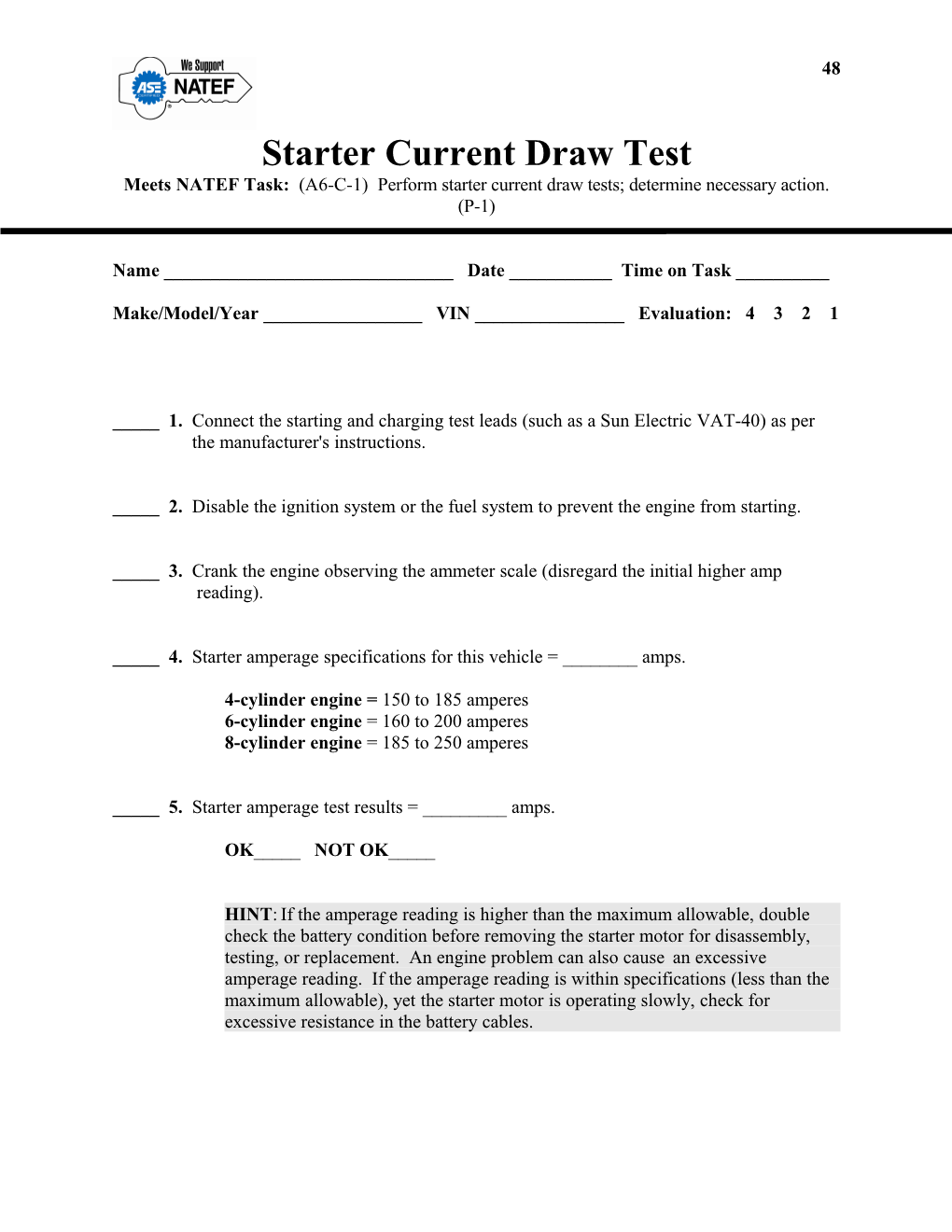 Starter Current Draw Test