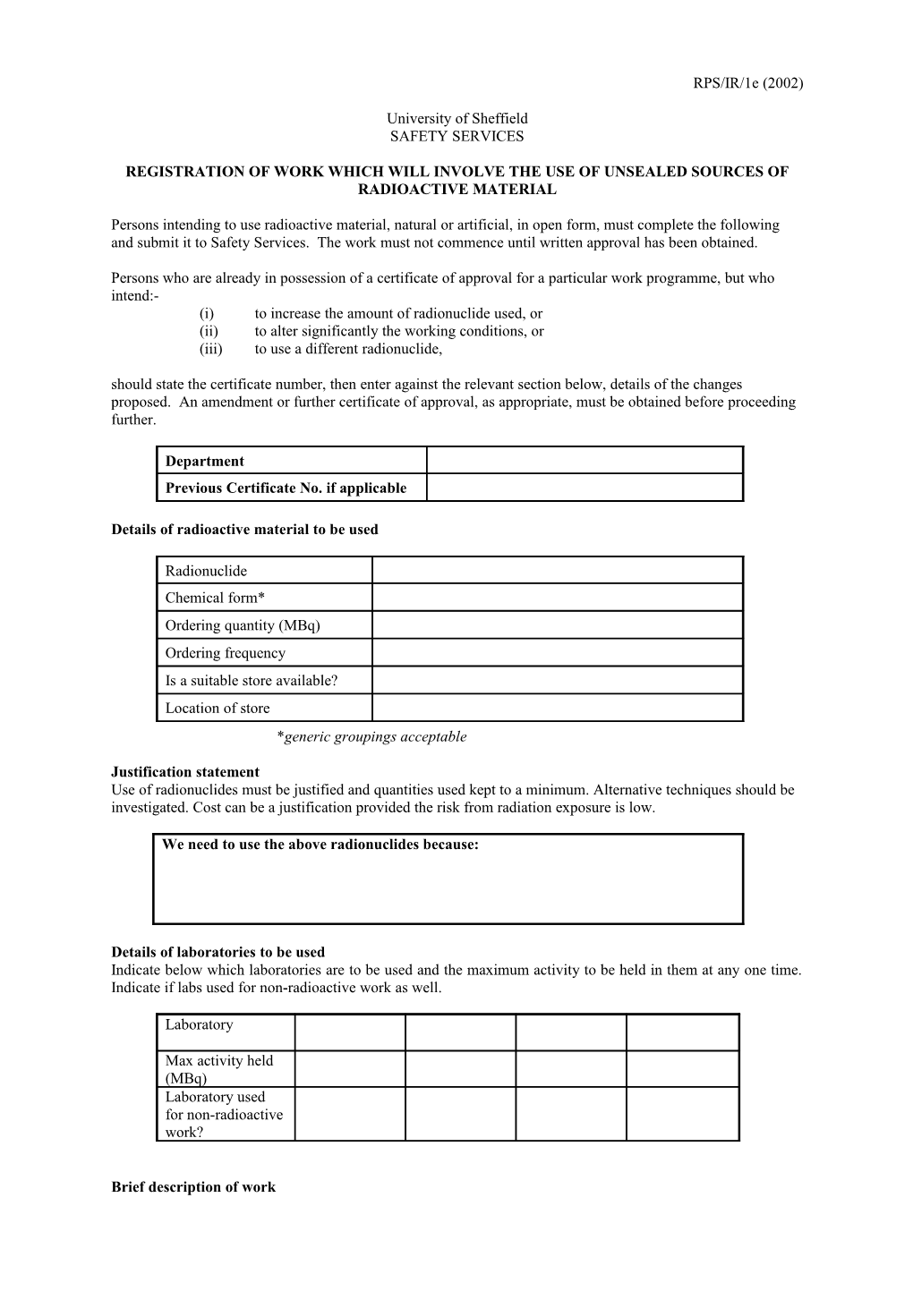 Registration of Work Which Will Involve the Use of Unsealed Sources of Radioactive Material