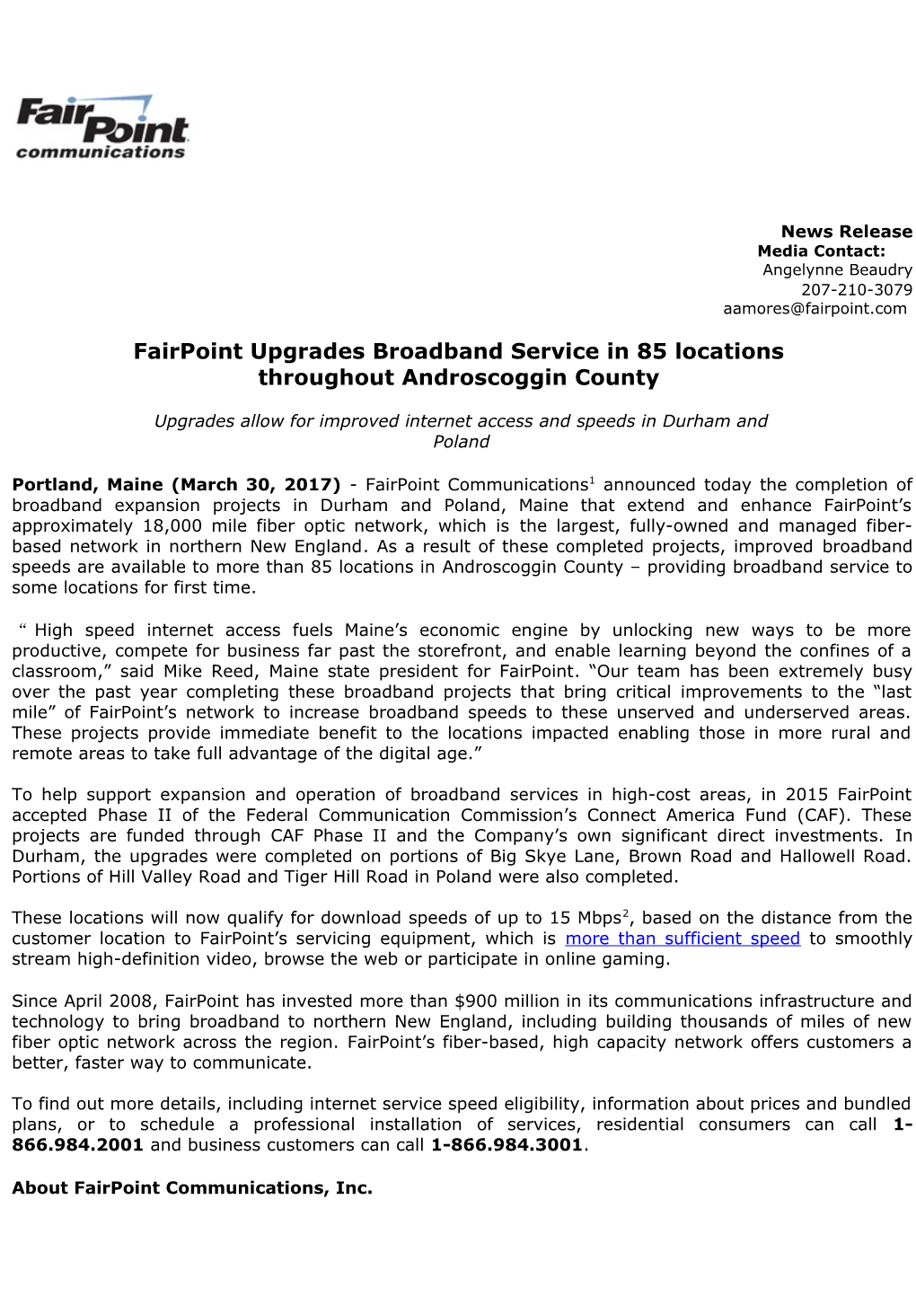 Fairpoint Upgrades Broadband Service in 85 Locations Throughout Androscoggin County