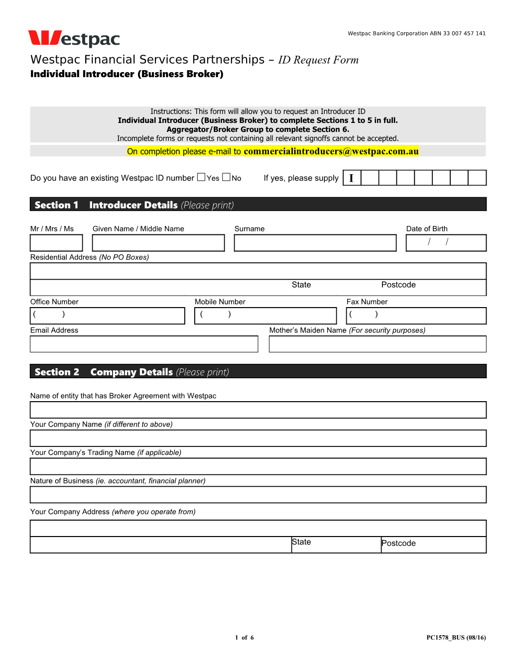 Westpac Financial Services Partnerships ID Request/Introducer Net Form