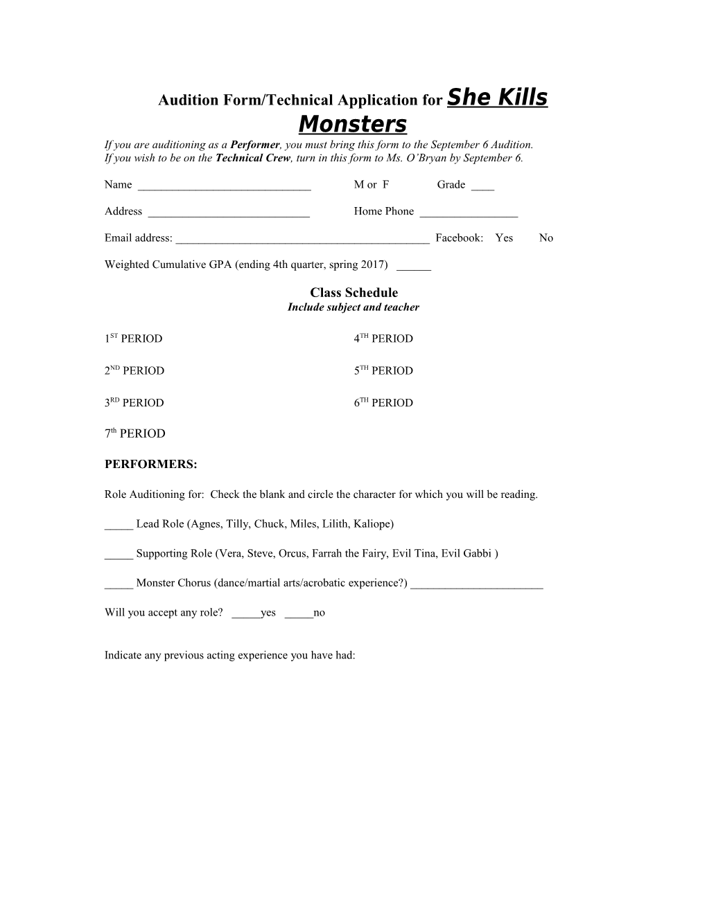 Audition Form/Technical Application for She Kills Monsters
