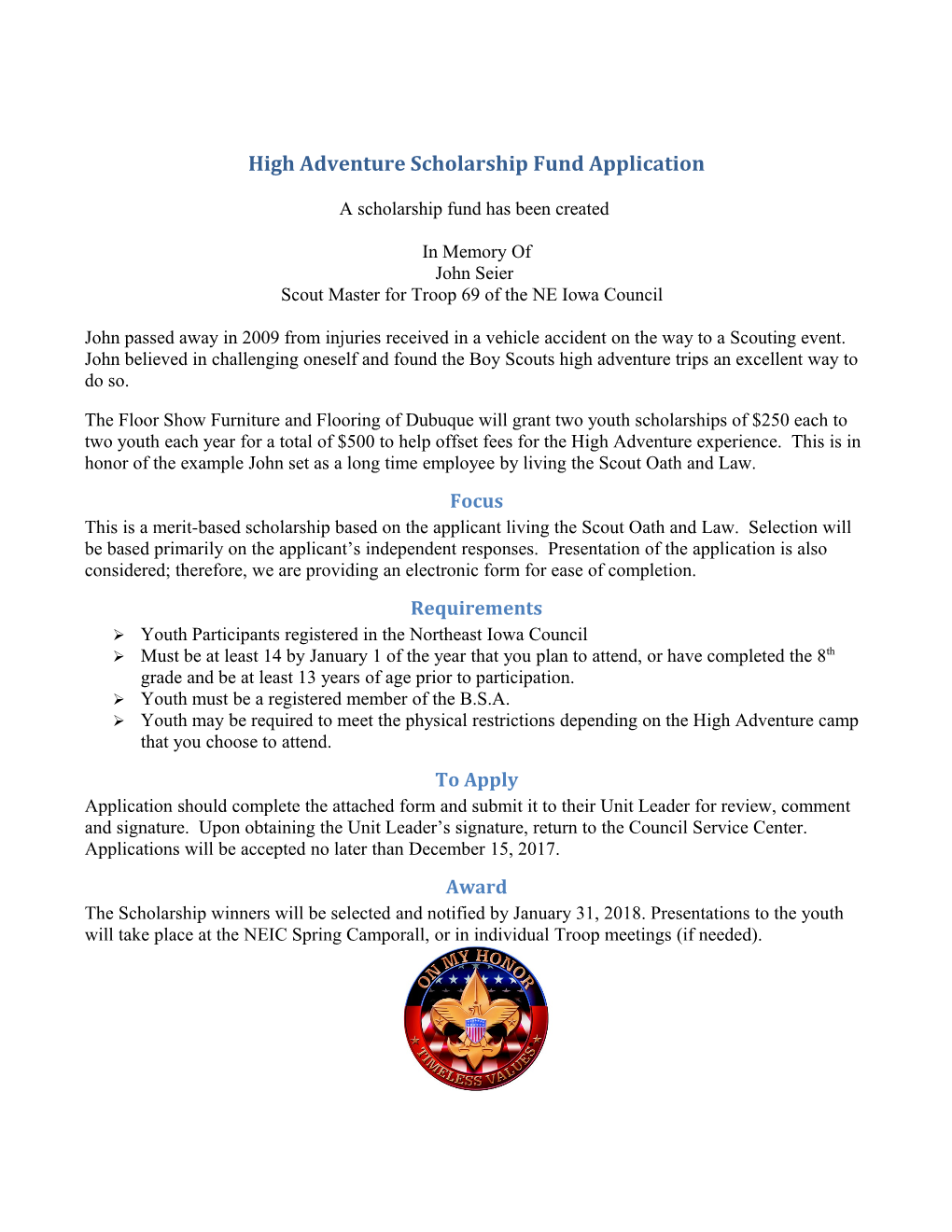 High Adventure Scholarship Fund Application