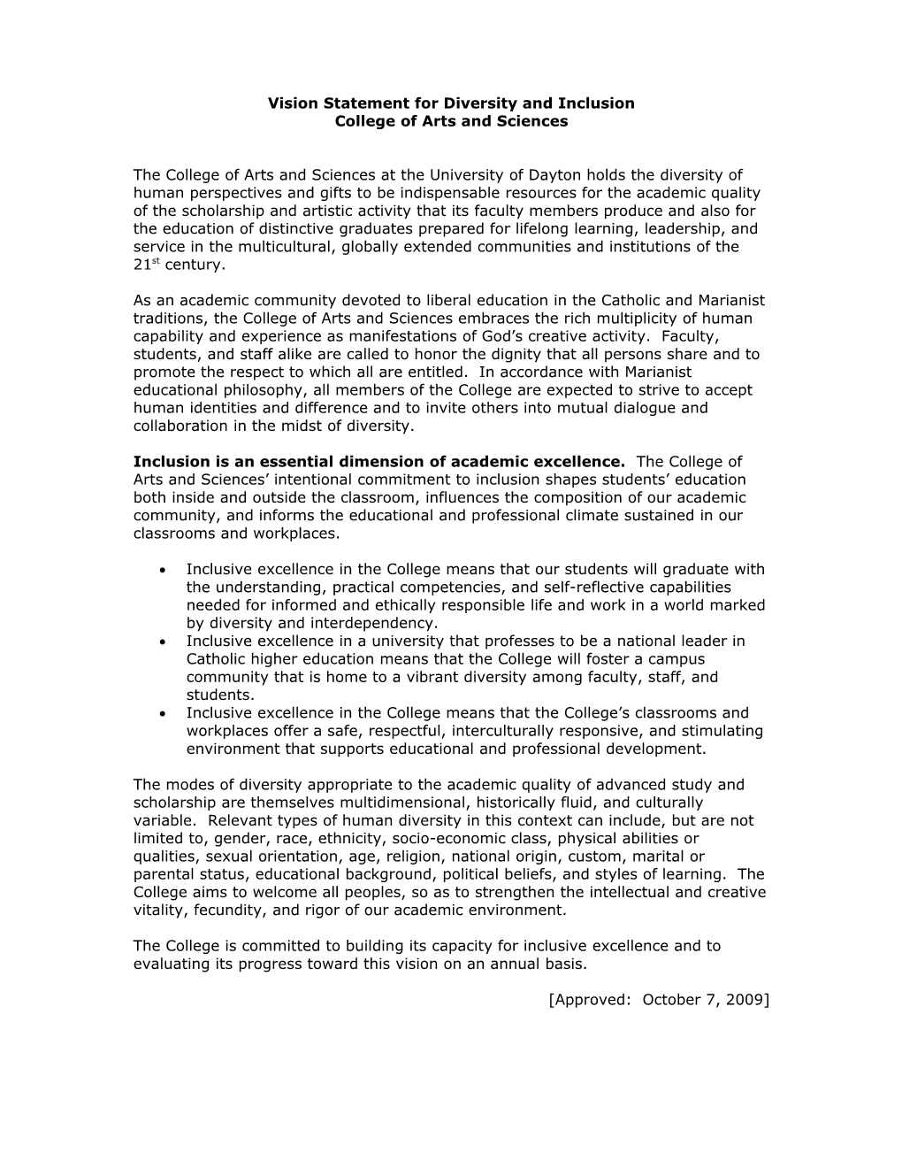 CAS Vision Statement for Diversity and Inclusion: Draft 1