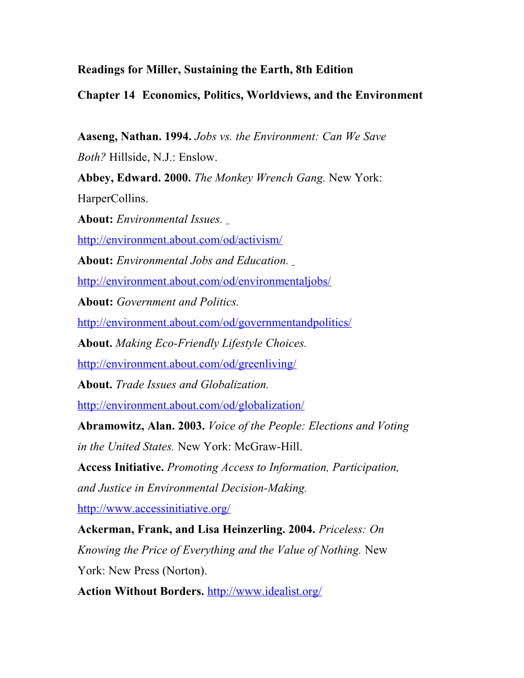 Readings for Miller, Sustaining the Earth, 8Th Edition s1