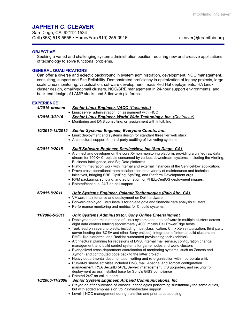 Resume - San Diego Staff Software Engineer and Senior Linux Systems Administrator
