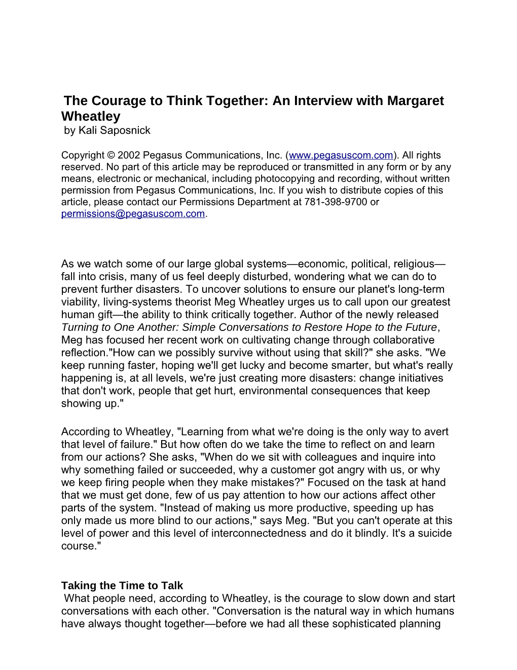 The Courage To Think Together: An Interview With Margaret Wheatley