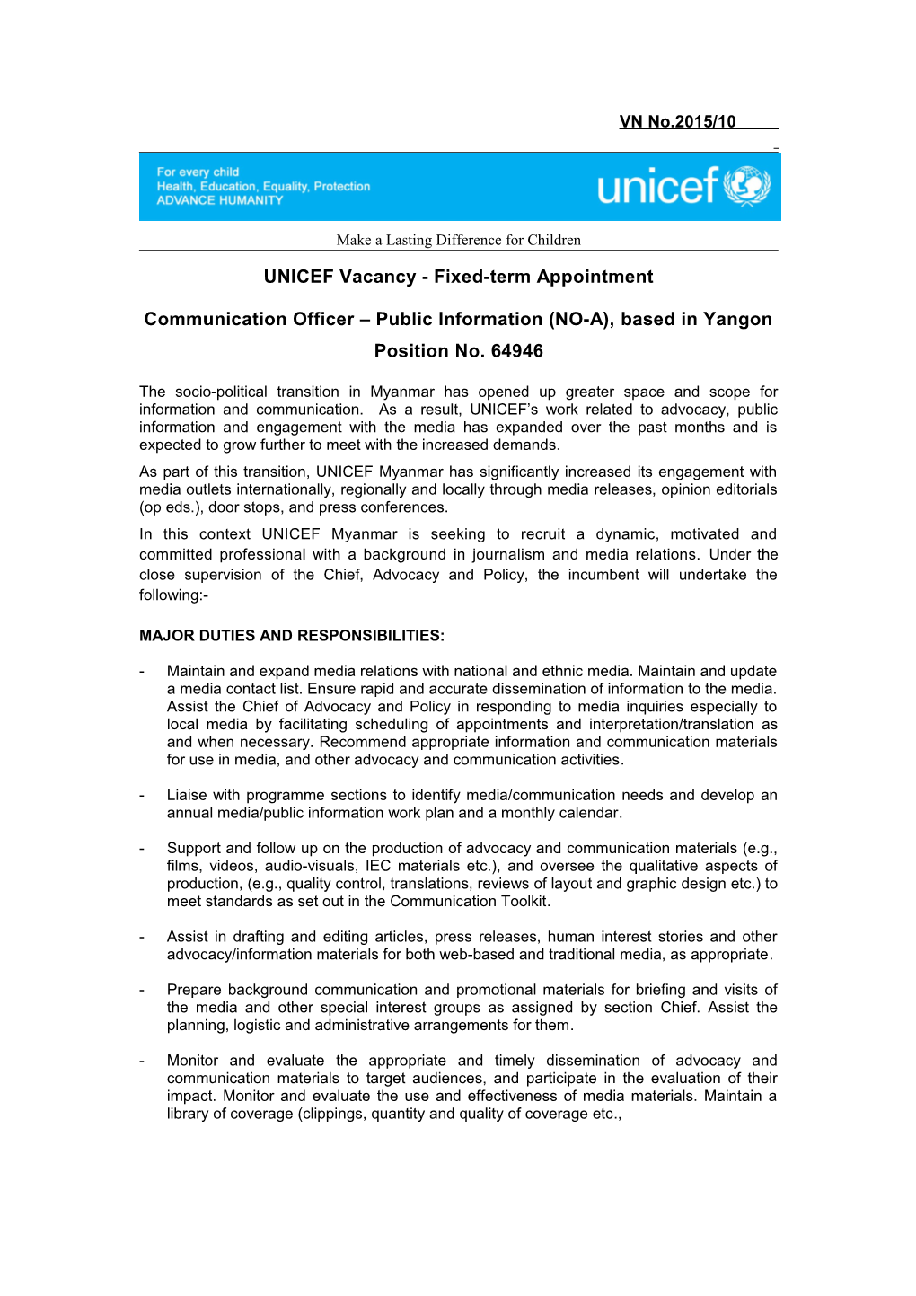 UNICEF Vacancy - Fixed-Term Appointment