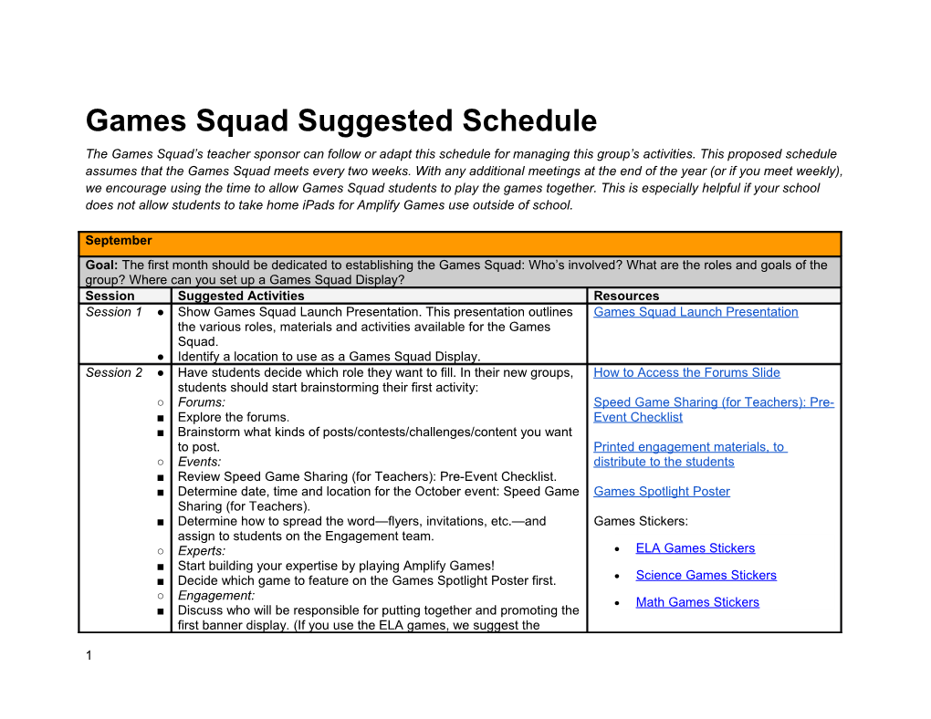 Games Squad Suggested Schedule