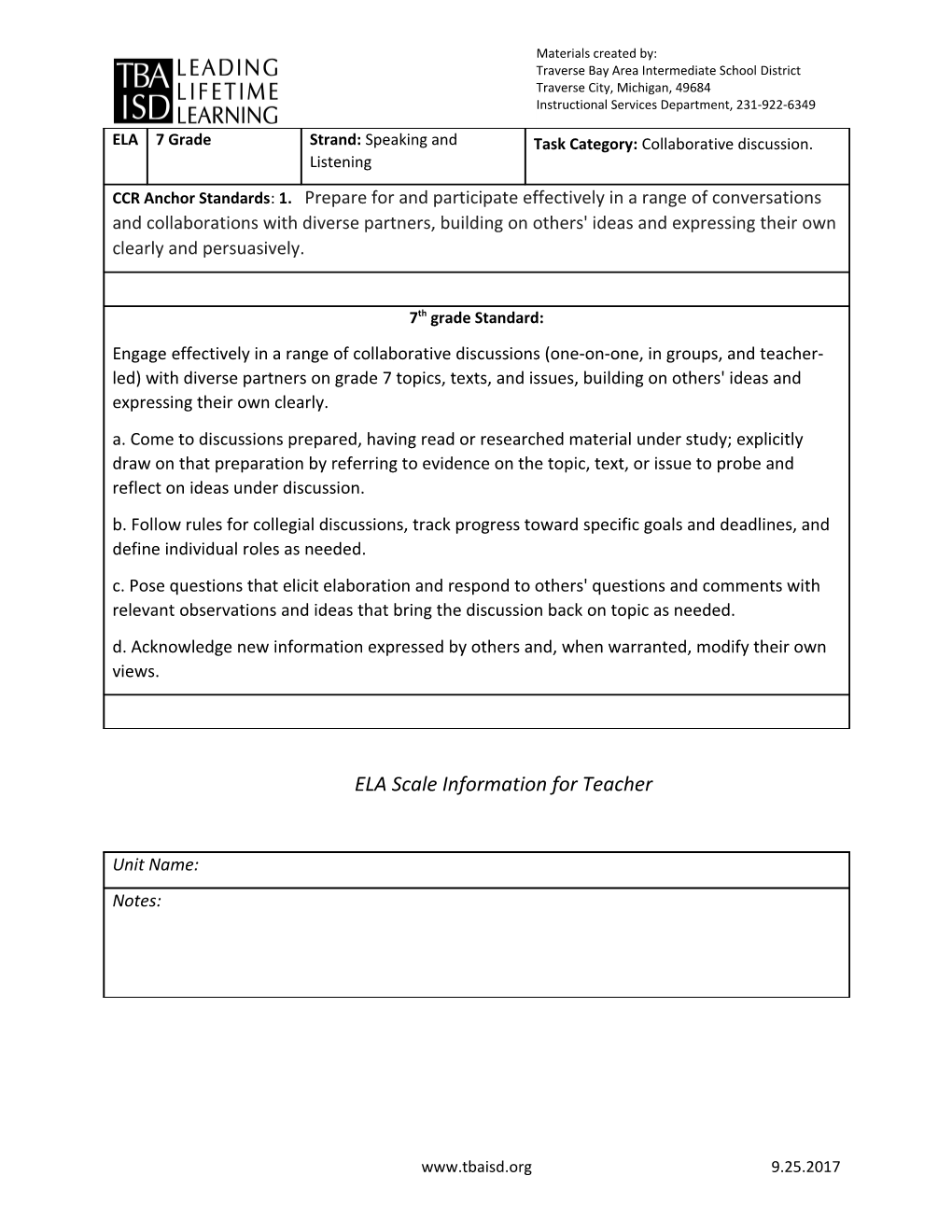 ELA Scale Information for Teacher