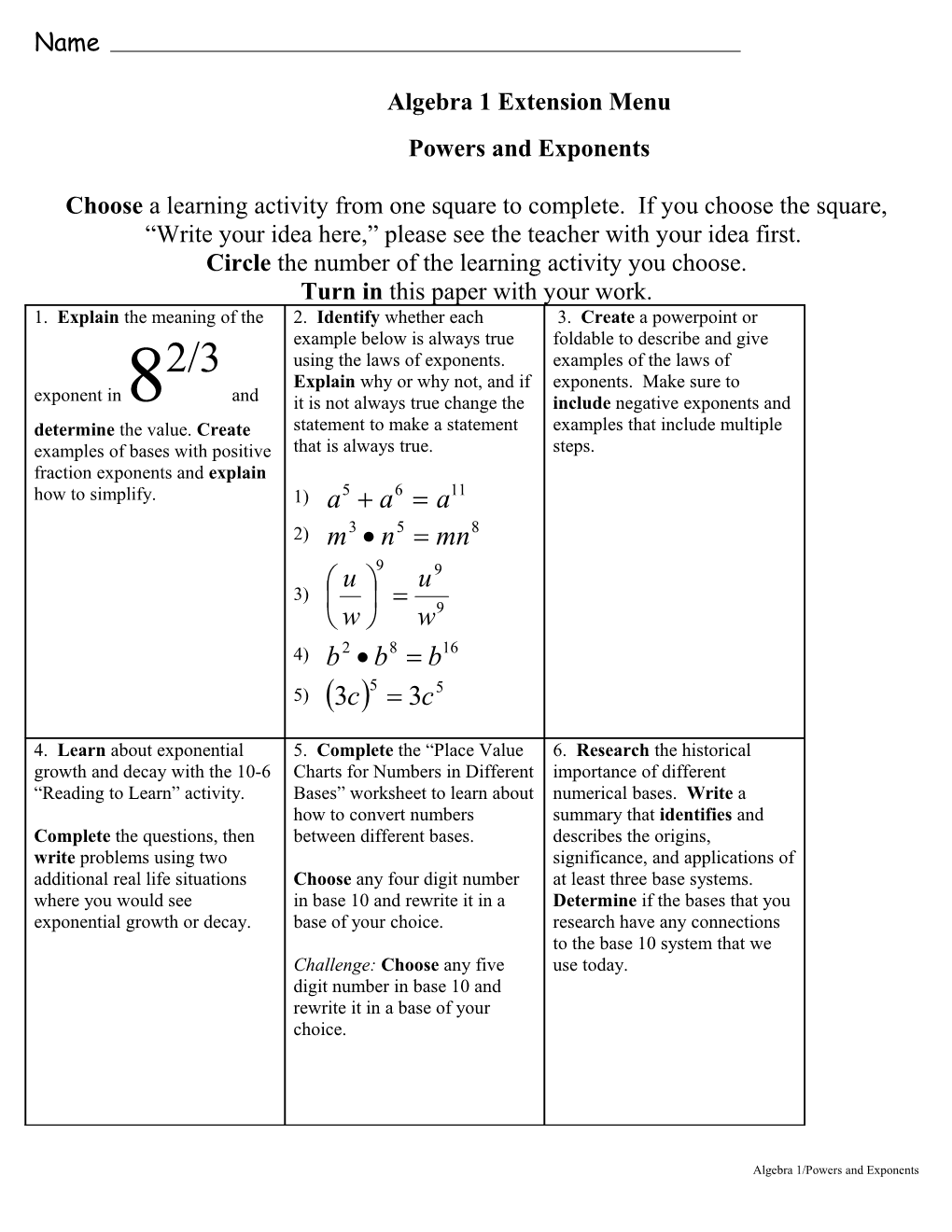 Algebra 1 Extension Menu