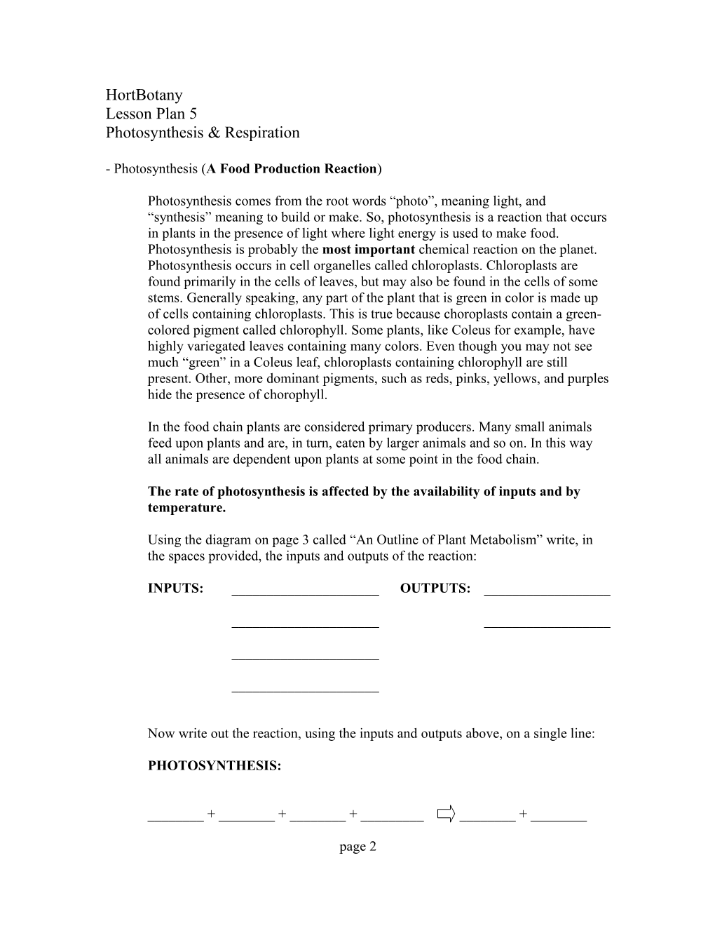 Photosynthesis ( a Food Production Reaction )