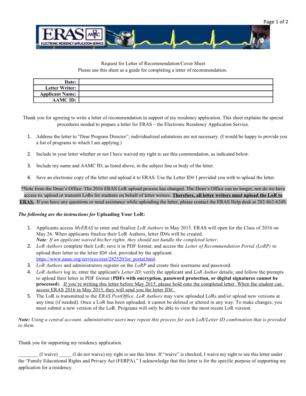 Request for Letter of Recommendation/Cover Sheet Please Use This Sheet As a Guide for Completing