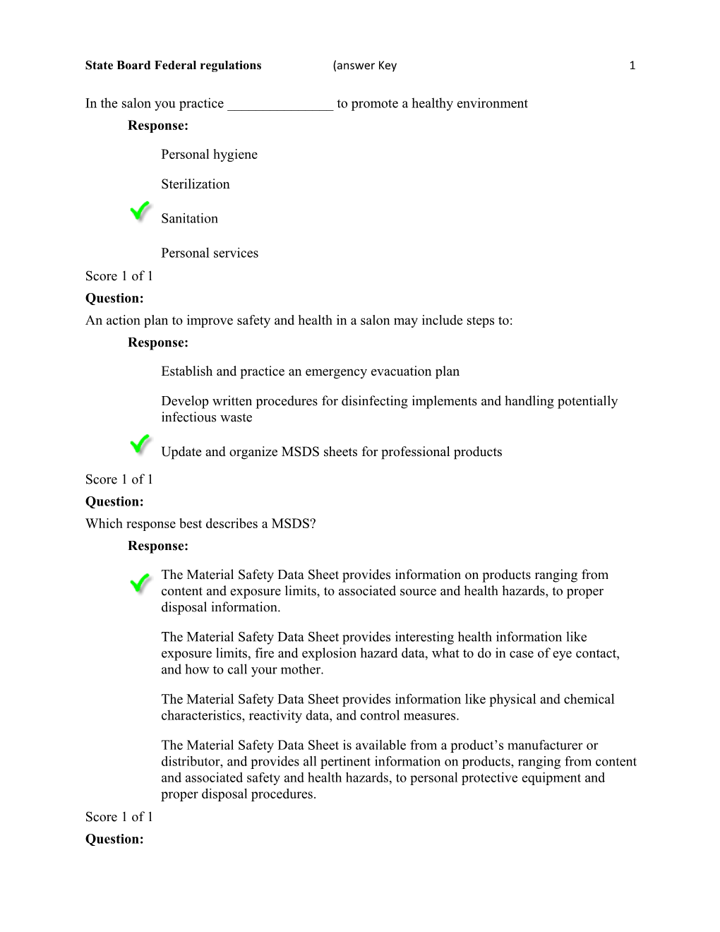 State Board Federal Regulations (Answer Key 1