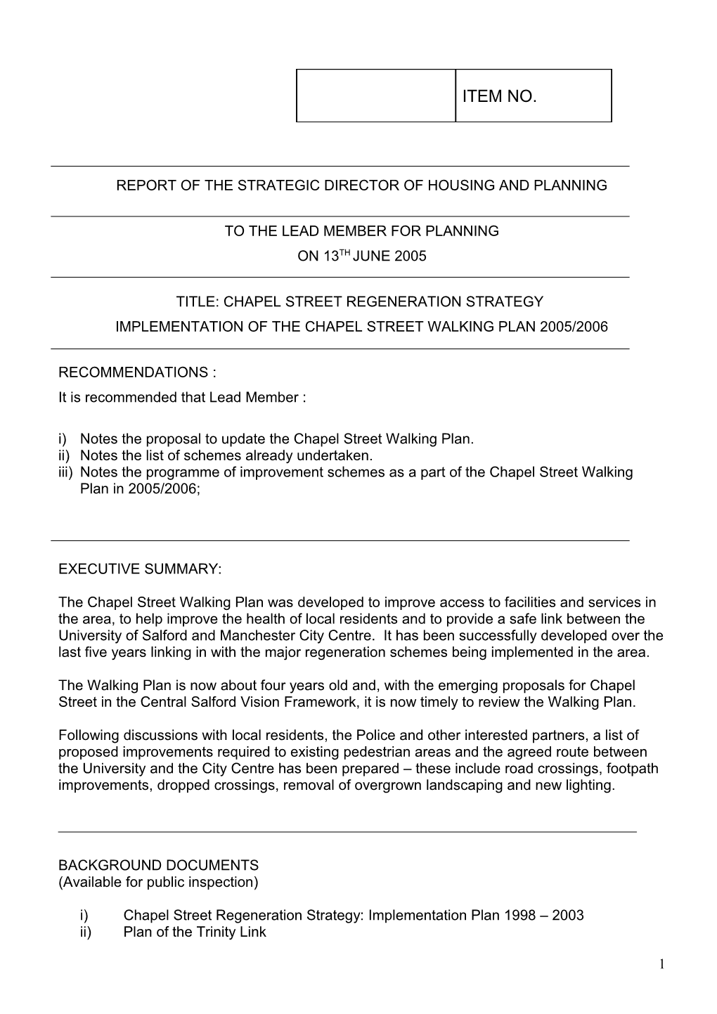 Report of the Strategic Director of Housing and Planning