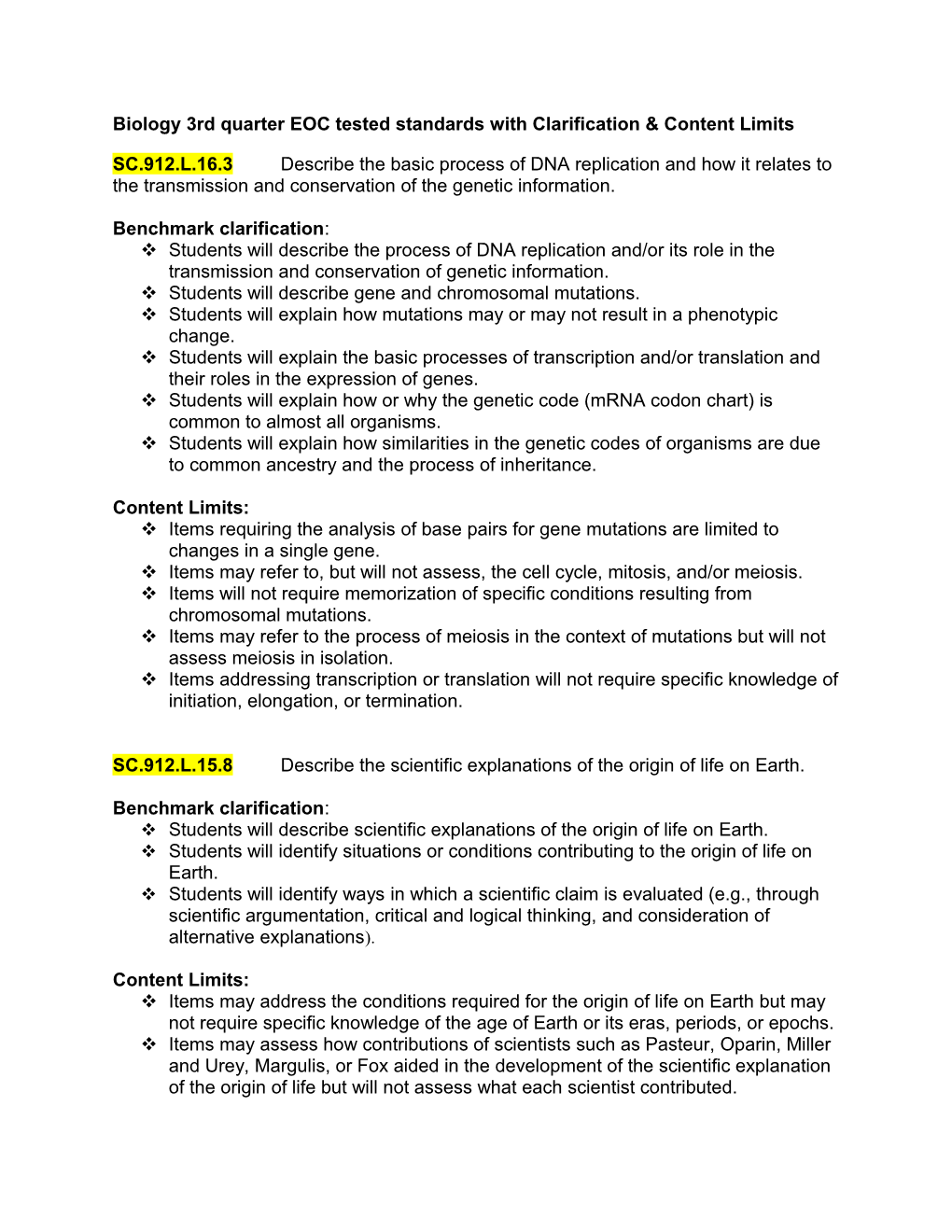 Biology 3Rd Quarter EOC Tested Standards with Clarification & Content Limits