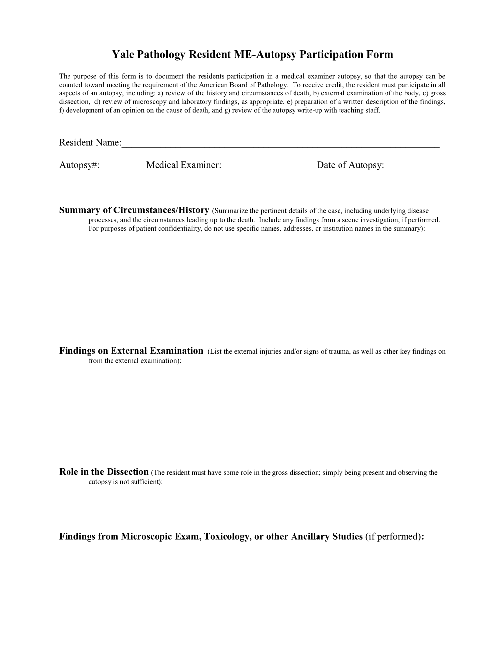 Yale Pathology Resident ME-Autopsy Participation Form