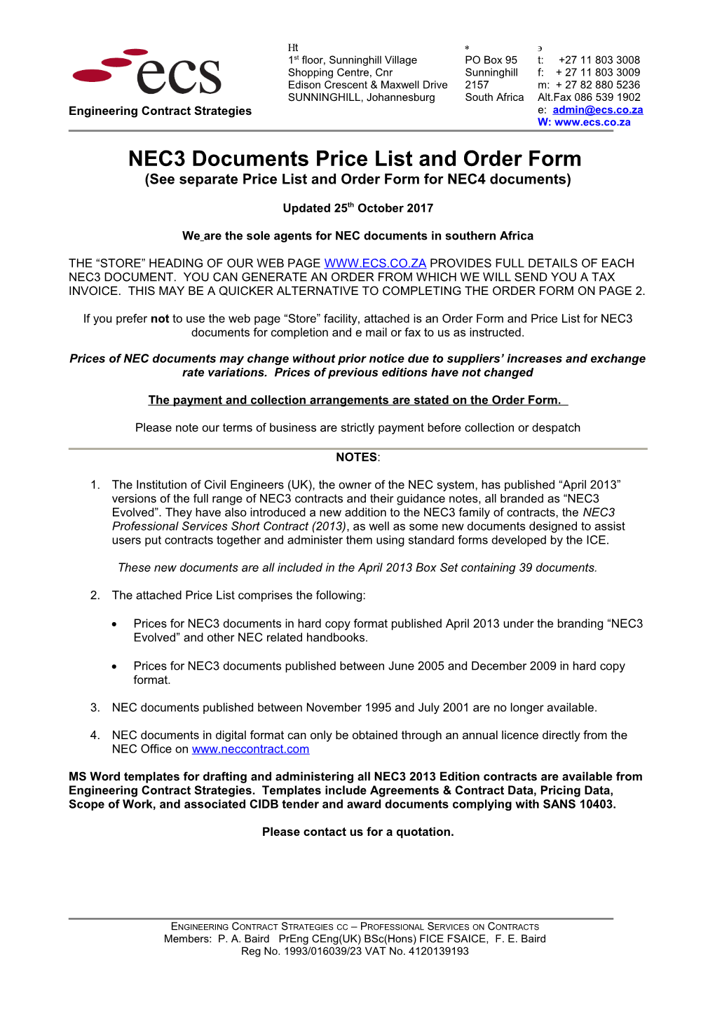 NEC3 Documents Price List and Order Form