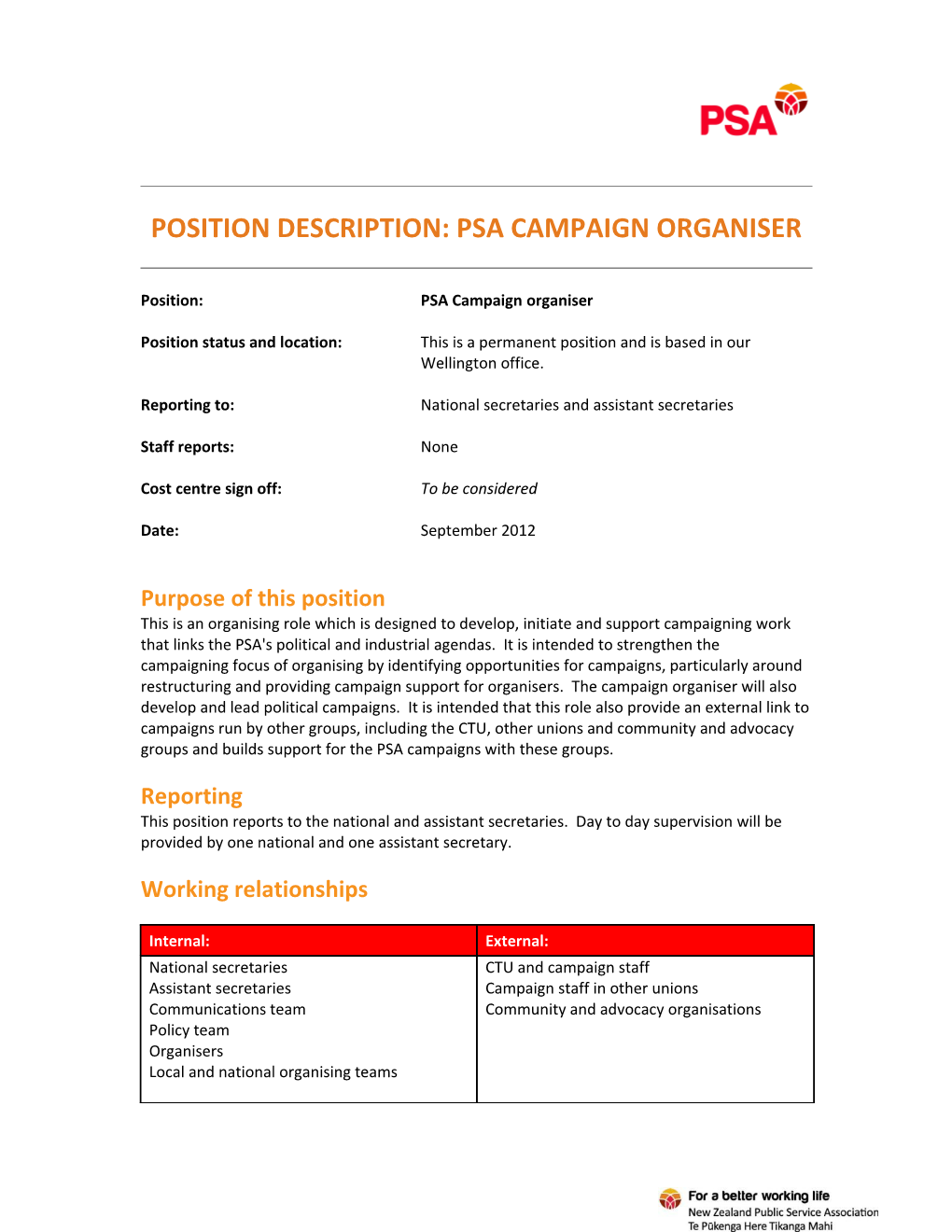 Campaign Organiser Job Description