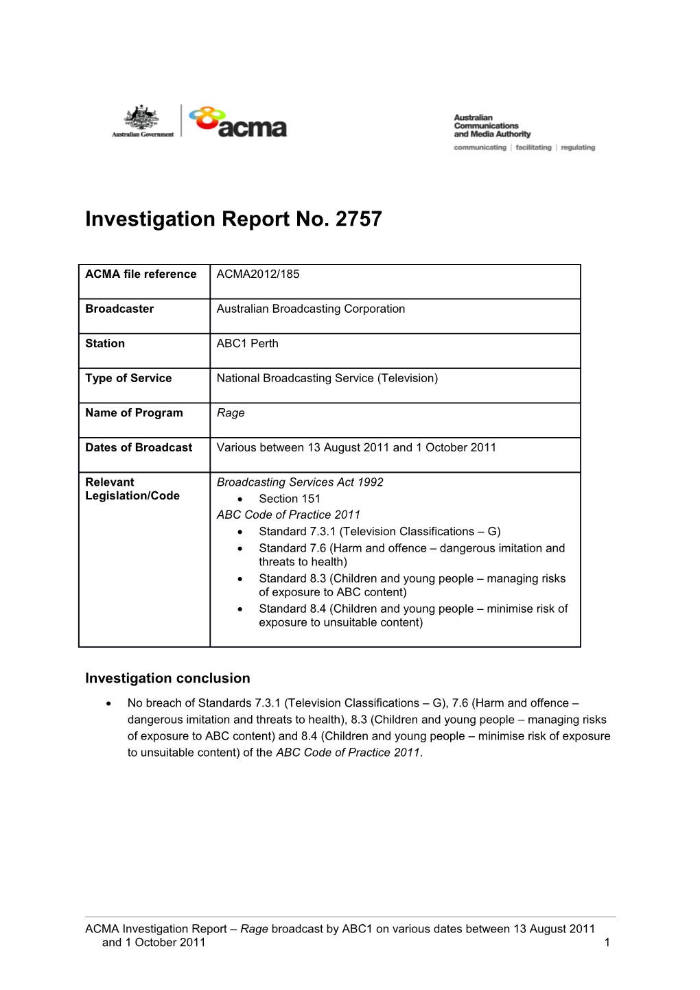 ABC1 Perth - ACMA Investigation Report 2757