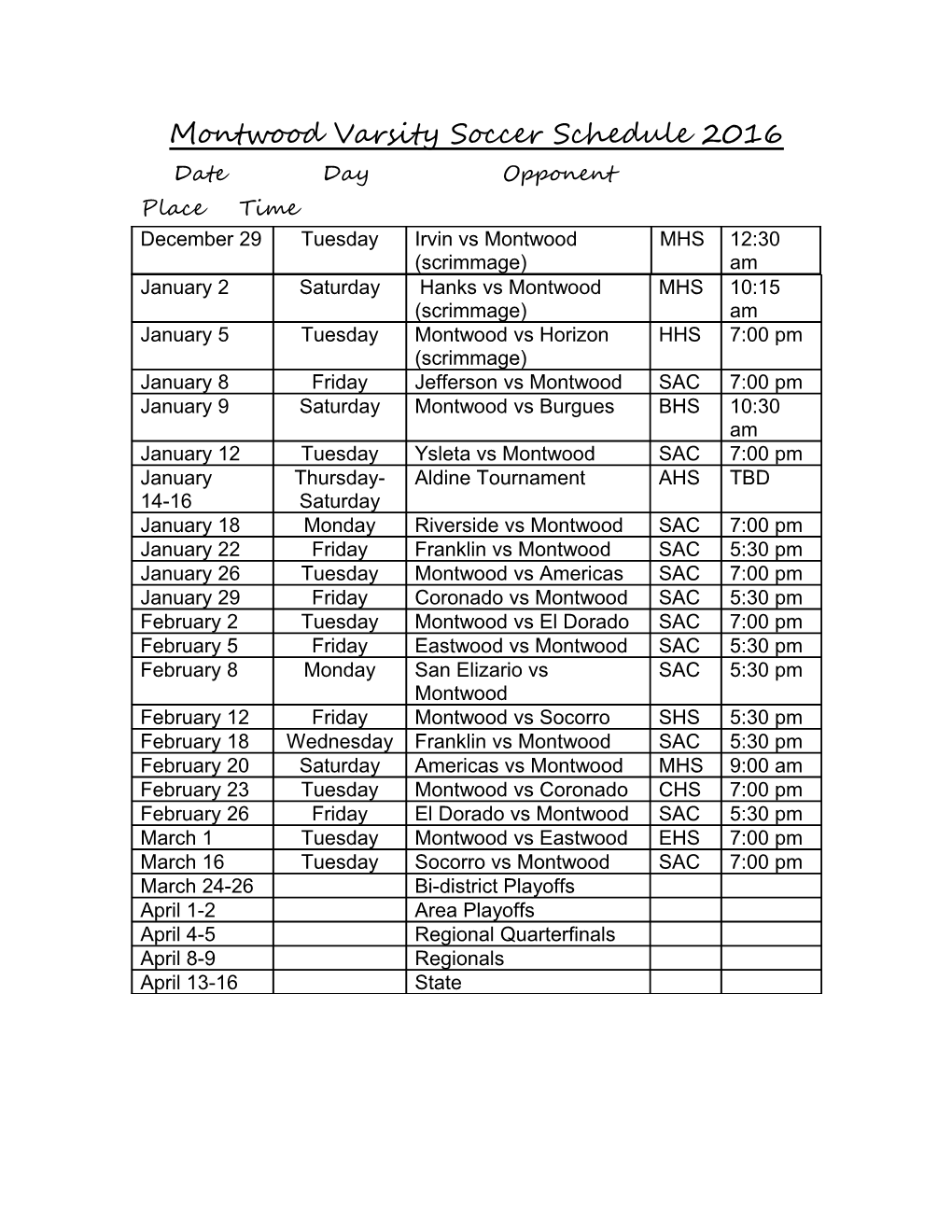 Montwood JV Soccer Schedule