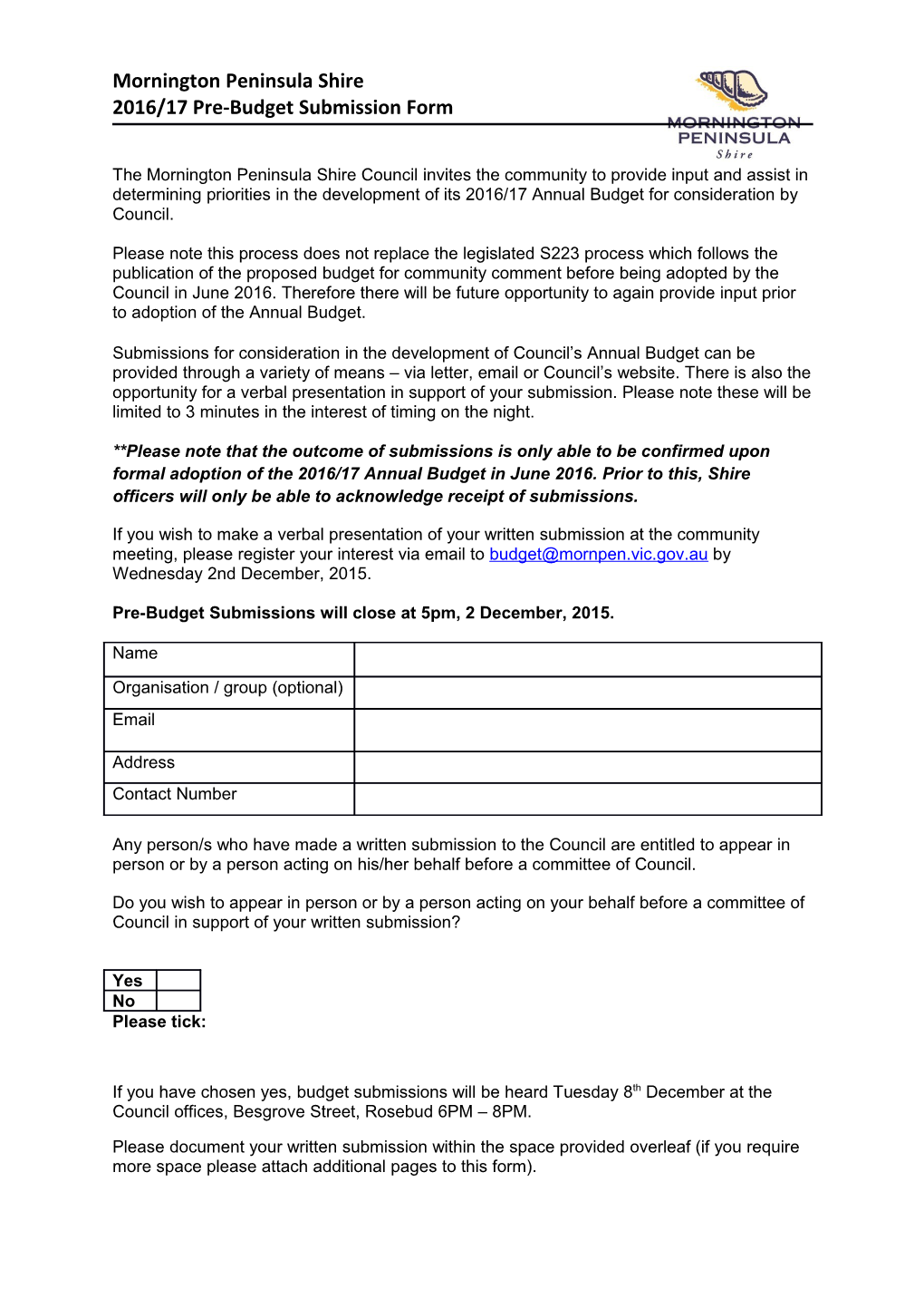 2016/17 Pre-Budget Submission Form