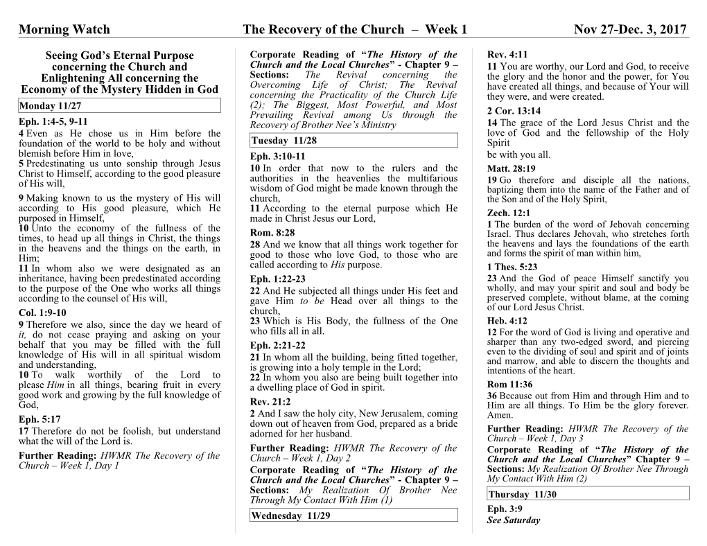 Morning Watch the Recovery of the Church Week 1 Nov 27-Dec. 3, 2017