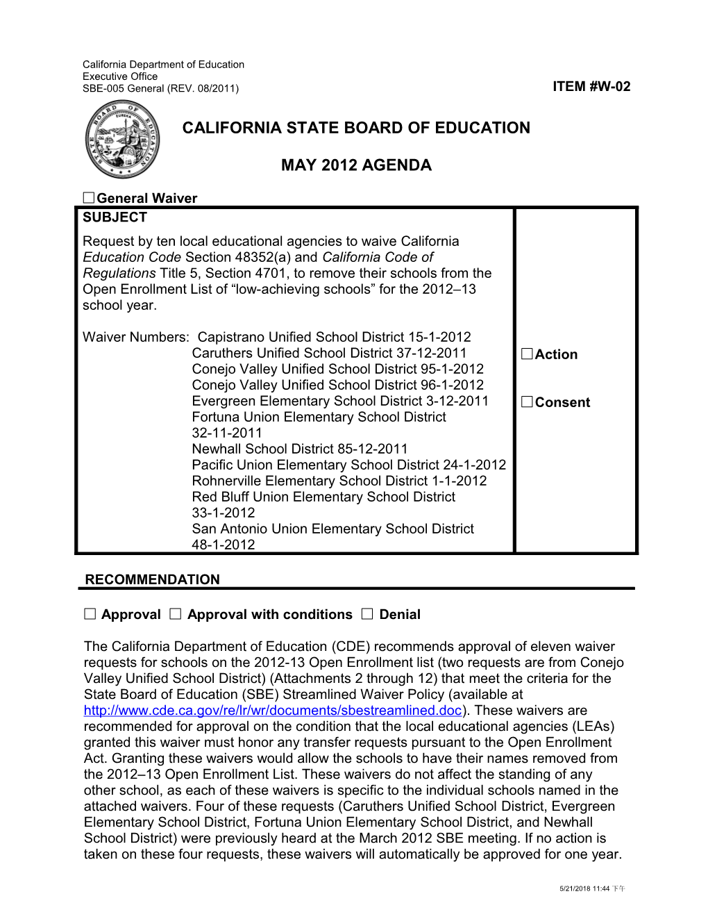 May 2012 Waiver Item W2 - Meeting Agendas (CA State Board of Education)