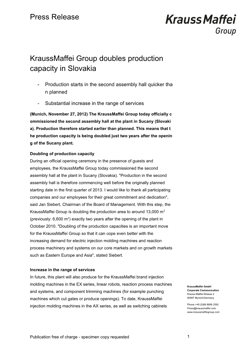 Kraussmaffei Group Doubles Production Capacity in Slovakia