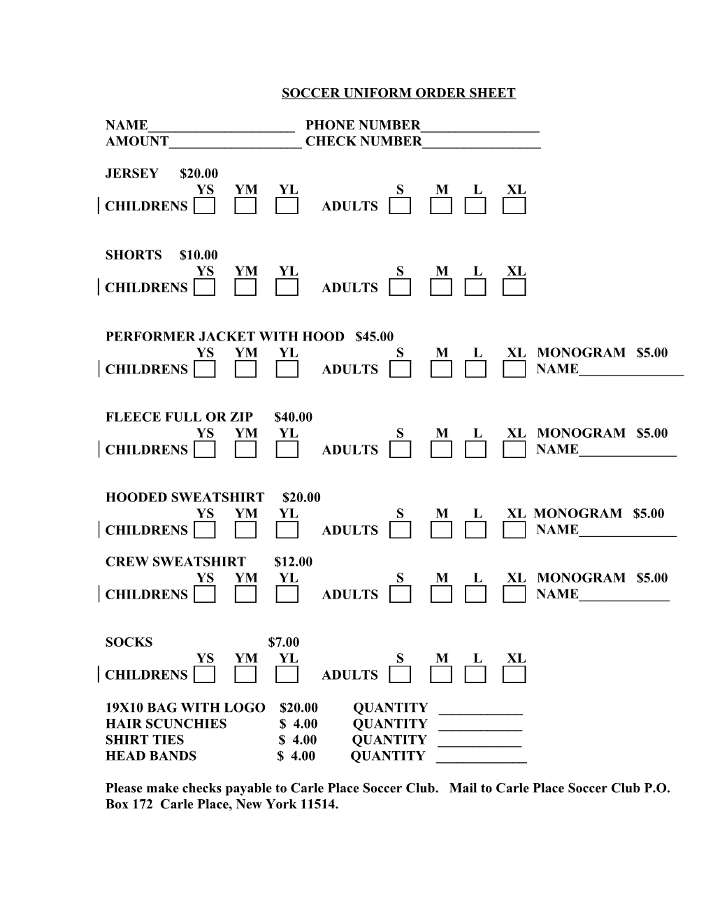 Soccer Uniform Order Sheet