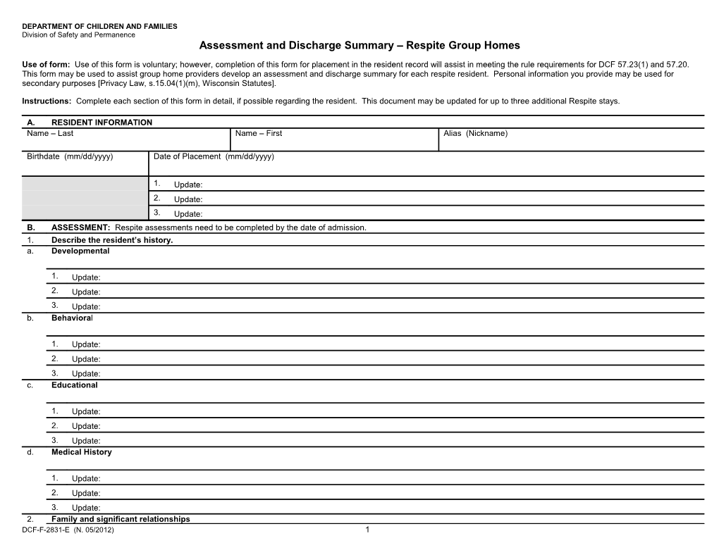 Assessment, Treatment Plan and Discharge Plan - Group Foster Homes for Children, CFS-2430