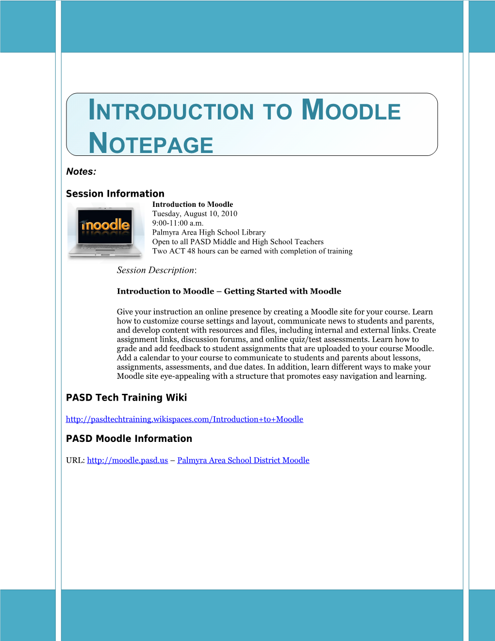 Introduction to Moodle Notepage