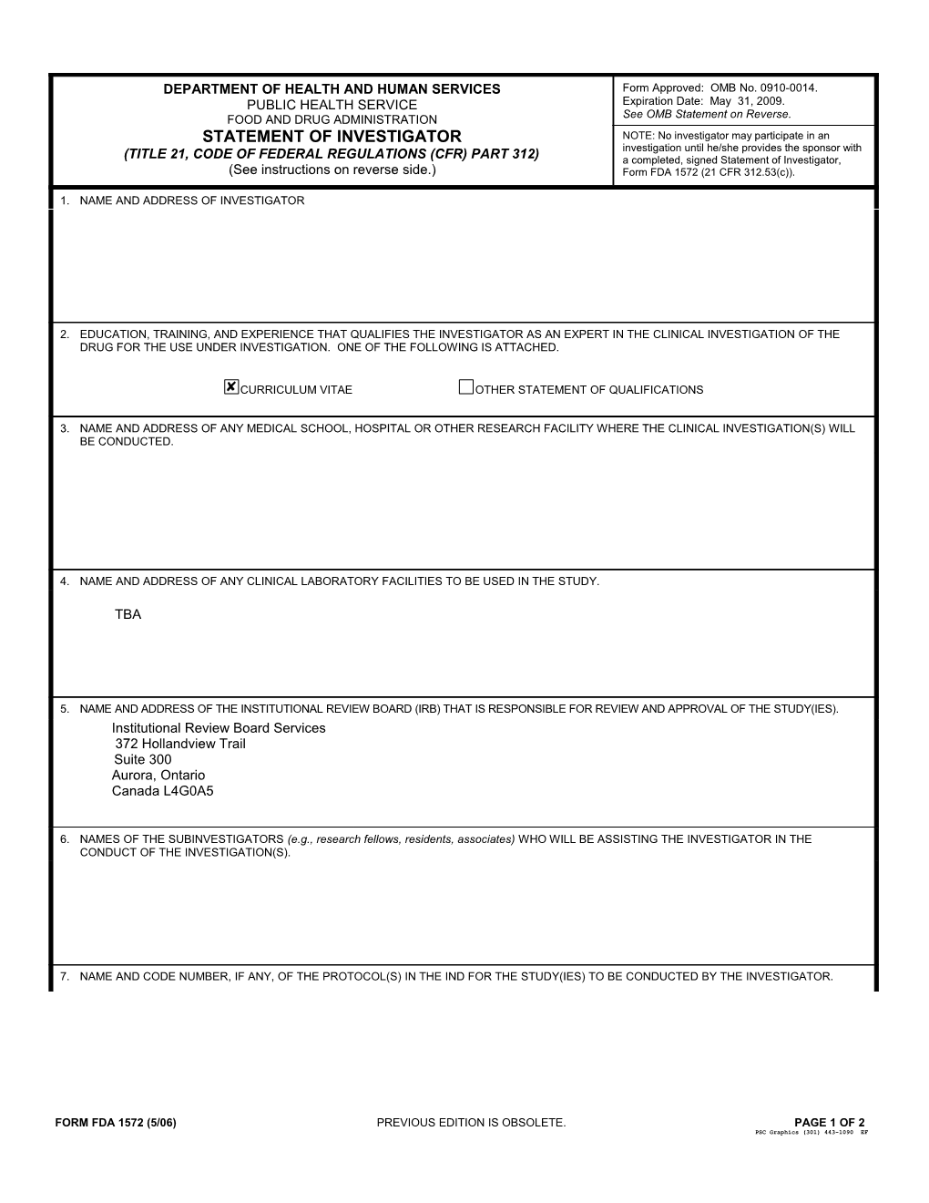 Form FDA 1572 - Statement of Investigator