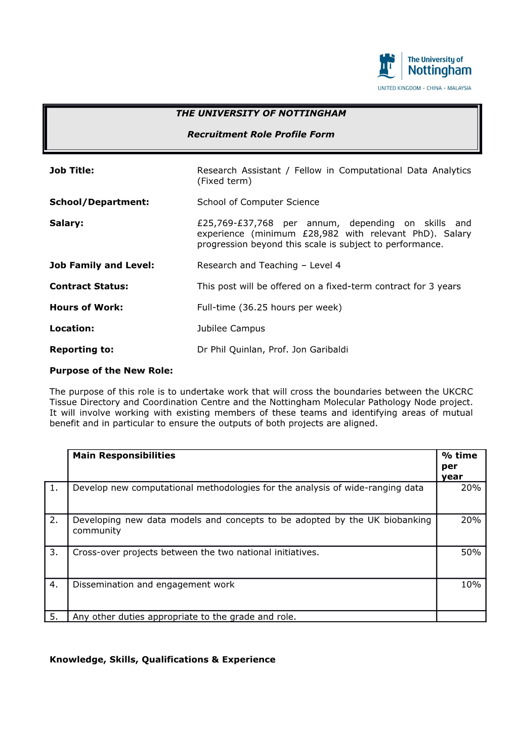 Job Title: Research Assistant / Fellow in Computational Data Analytics (Fixed Term)