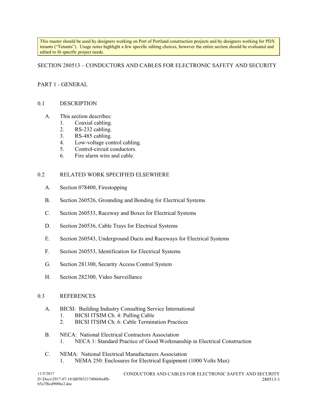 Section 280513 - Conductors And Cables For Electronic Safety And Security