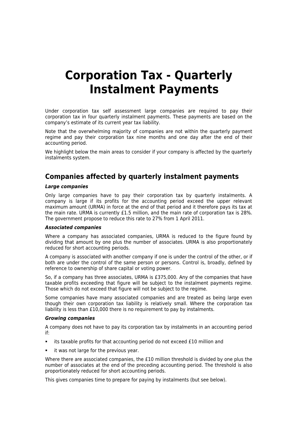 Corporation Tax - Quarterly Instalment Payments