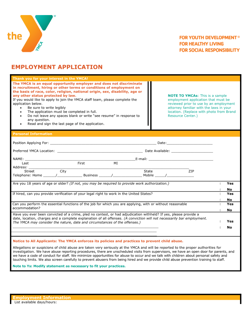 Sample Employment Application