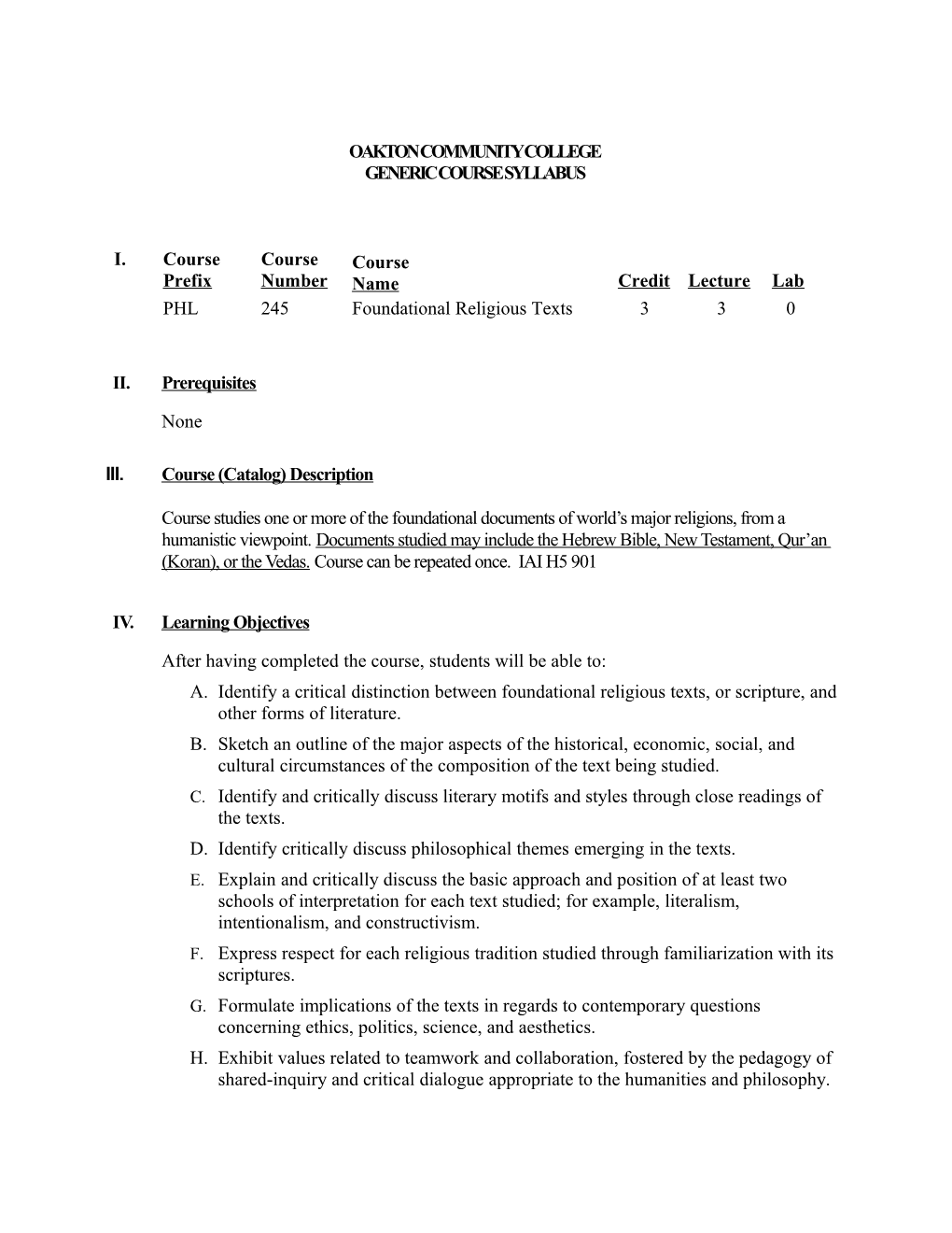 COURSE SYLLABUS (GENERIC)Page 1