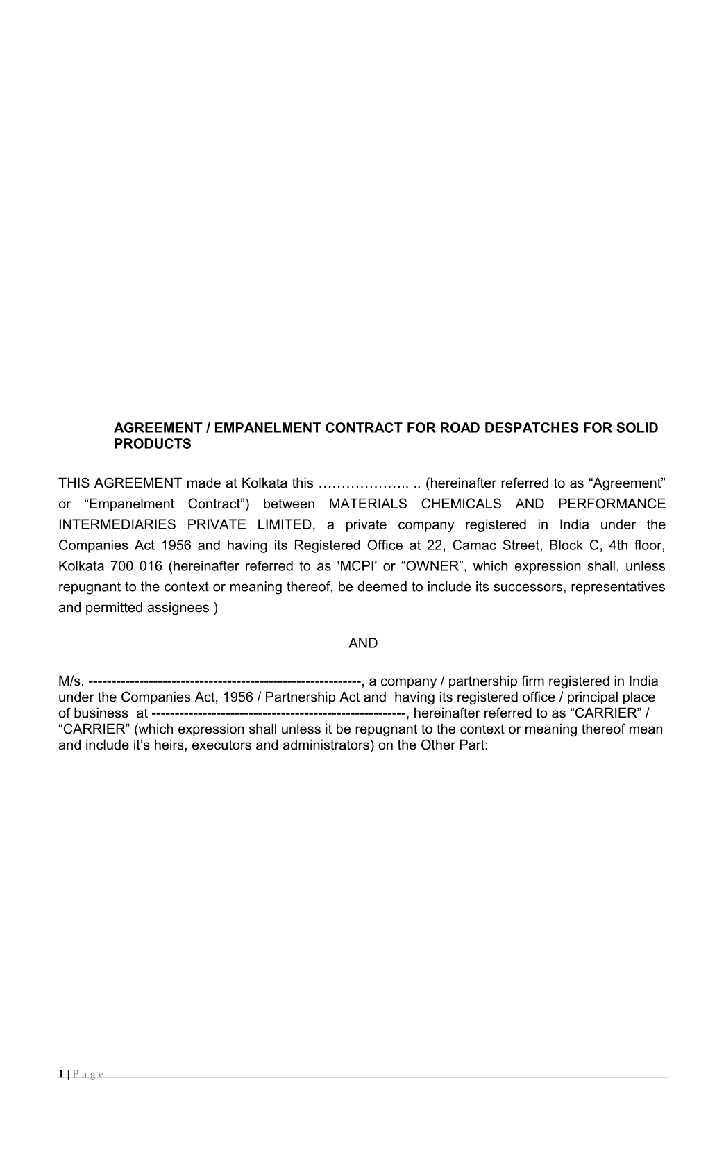 Agreement / Empanelment Contract for Road Despatches for Solid Products